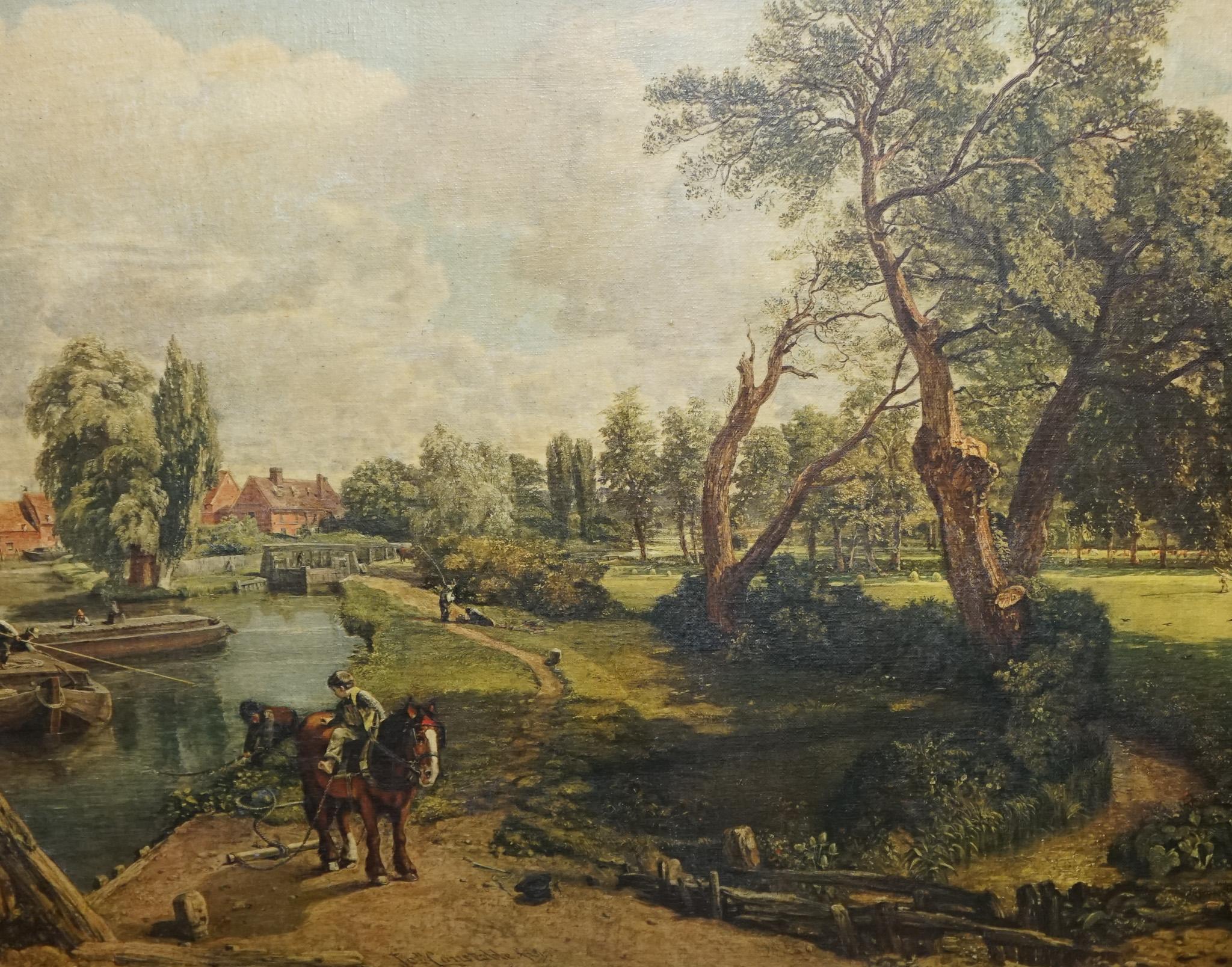 VINTAGE FRAMED LANDSCHAFT LANDSCHAFTDRUCK FLUSSSECENE MIT PFERDEN UND BÄUMEN (Handbemalt) im Angebot