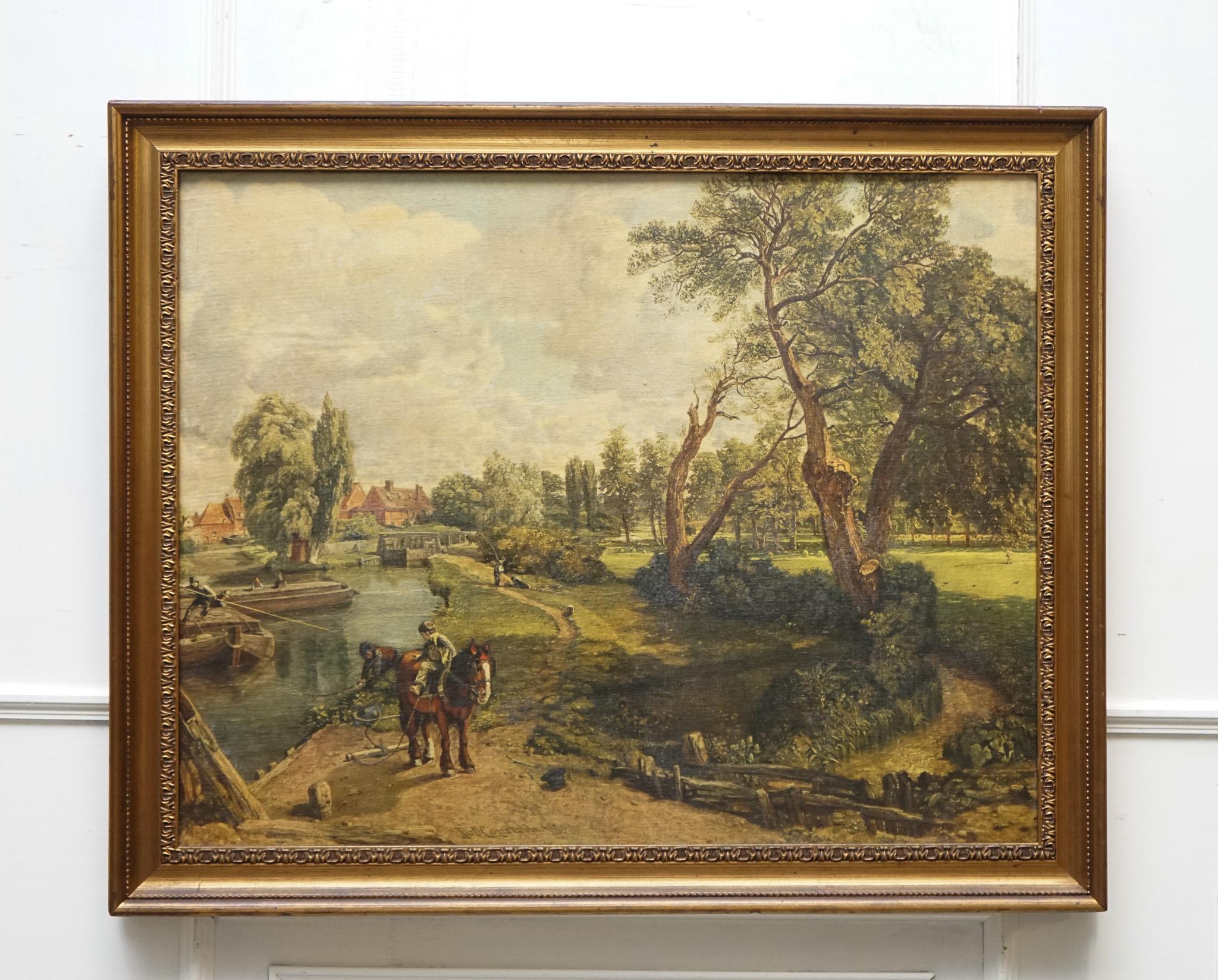 VINTAGE FRAMED LANDSCHAFT LANDSCHAFTDRUCK FLUSSSECENE MIT PFERDEN UND BÄUMEN (20. Jahrhundert) im Angebot
