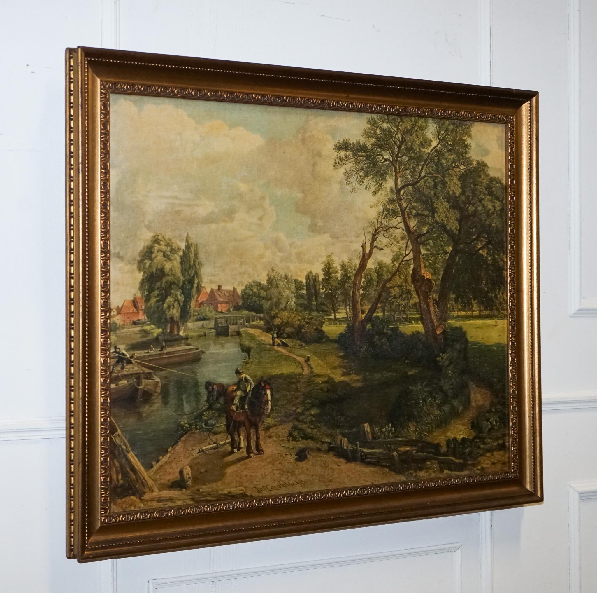 VINTAGE FRAMED LANDSCHAFT LANDSCHAFTDRUCK FLUSSSECENE MIT PFERDEN UND BÄUMEN (Farbe) im Angebot