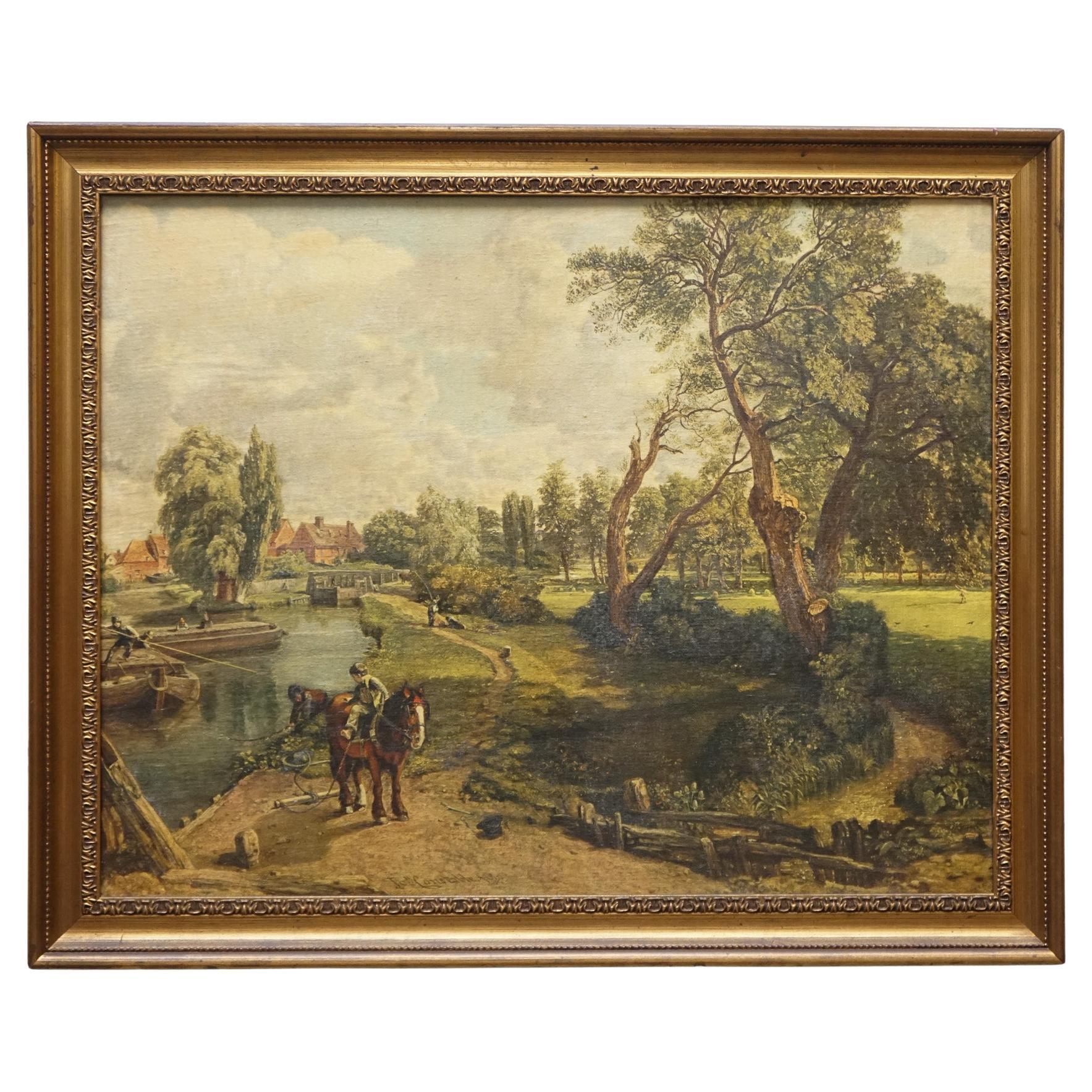 VINTAGE FRAMED LANDSCHAFT LANDSCHAFTDRUCK FLUSSSECENE MIT PFERDEN UND BÄUMEN im Angebot