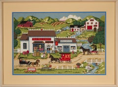Vintage Framed Embroidered Needlepoint Folk Art Landscape Wall Hanging