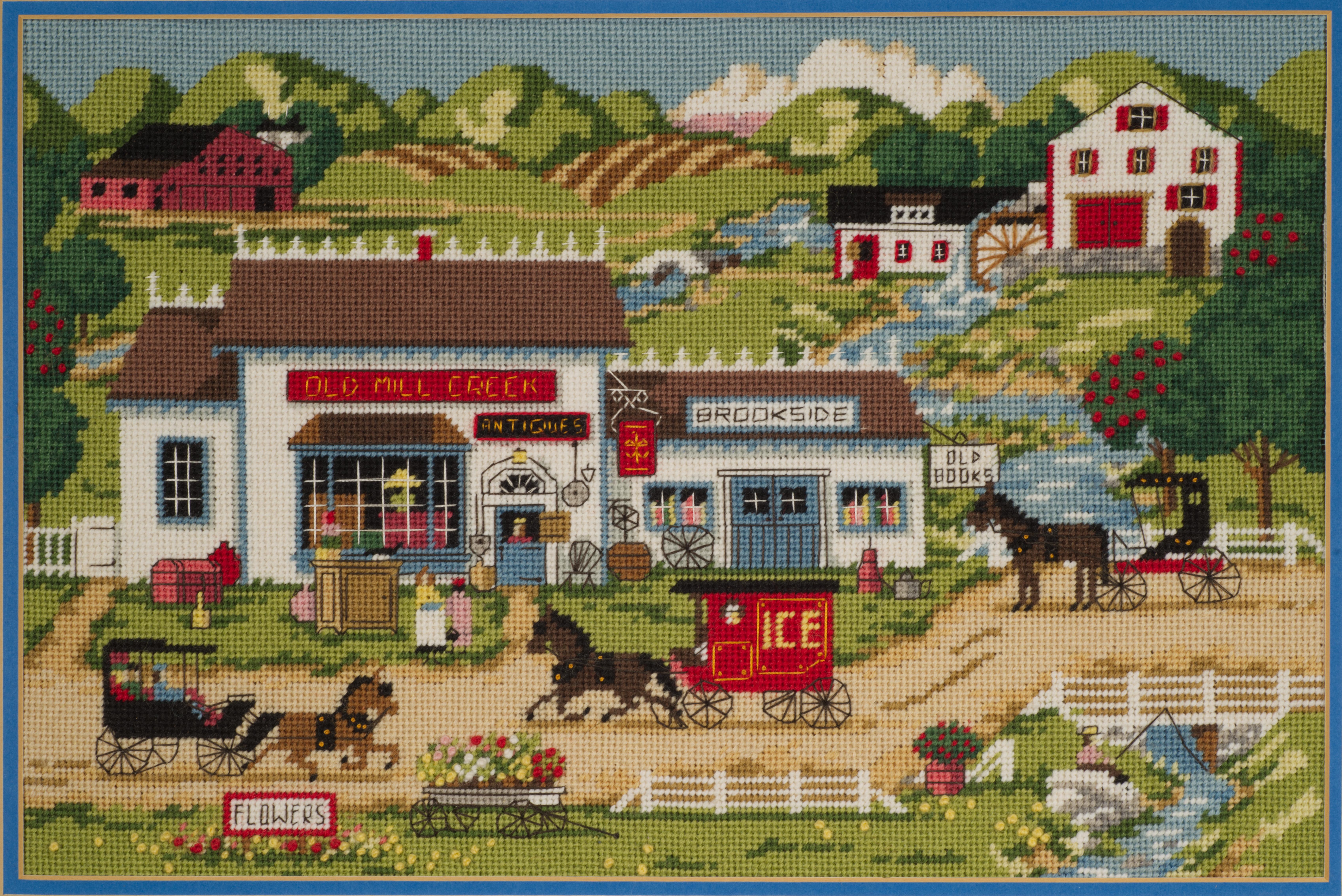American Vintage Framed Embroidered Needlepoint Folk Art Landscape Wall Hanging For Sale
