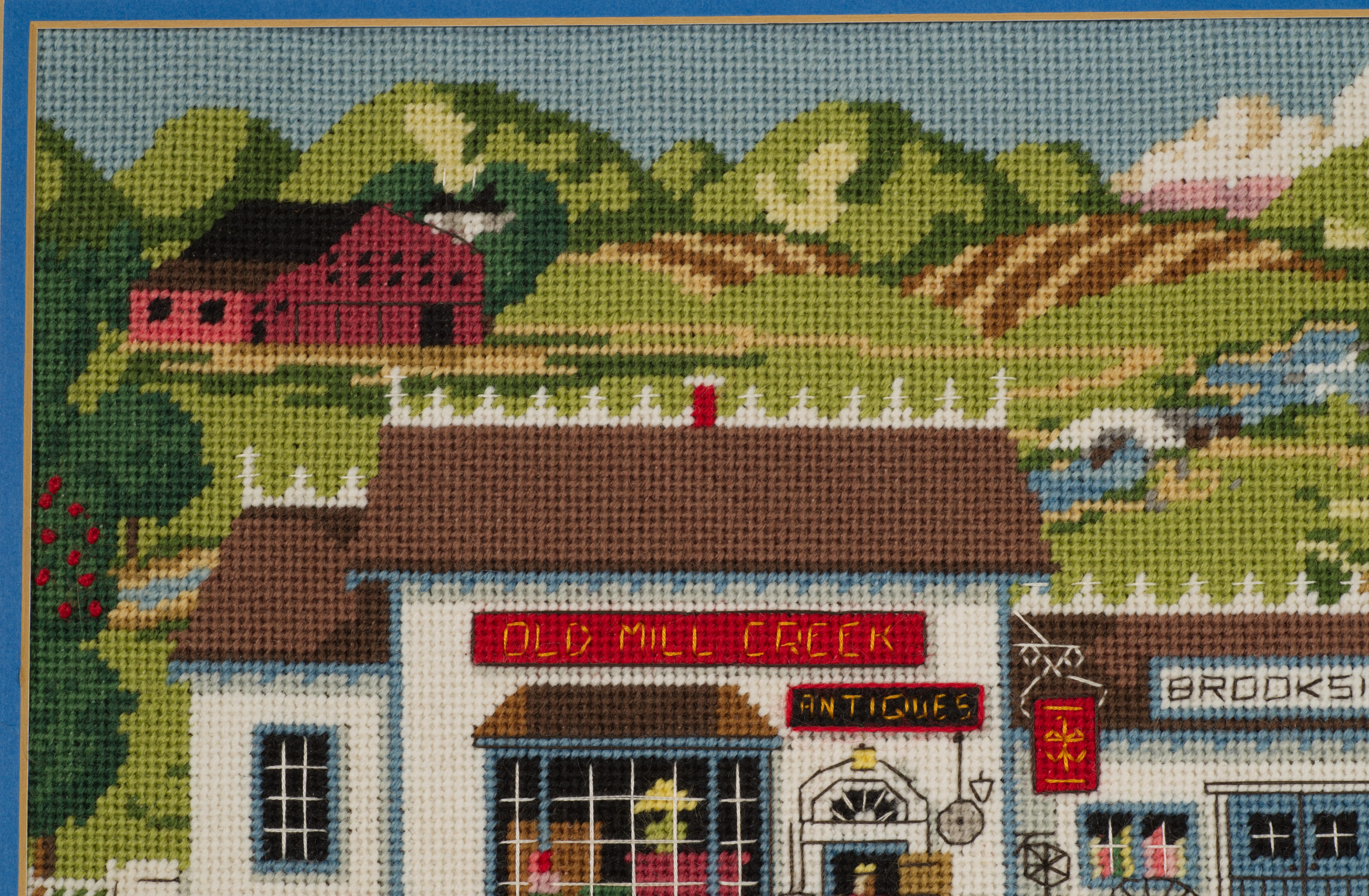 Hand-Crafted Vintage Framed Embroidered Needlepoint Folk Art Landscape Wall Hanging For Sale