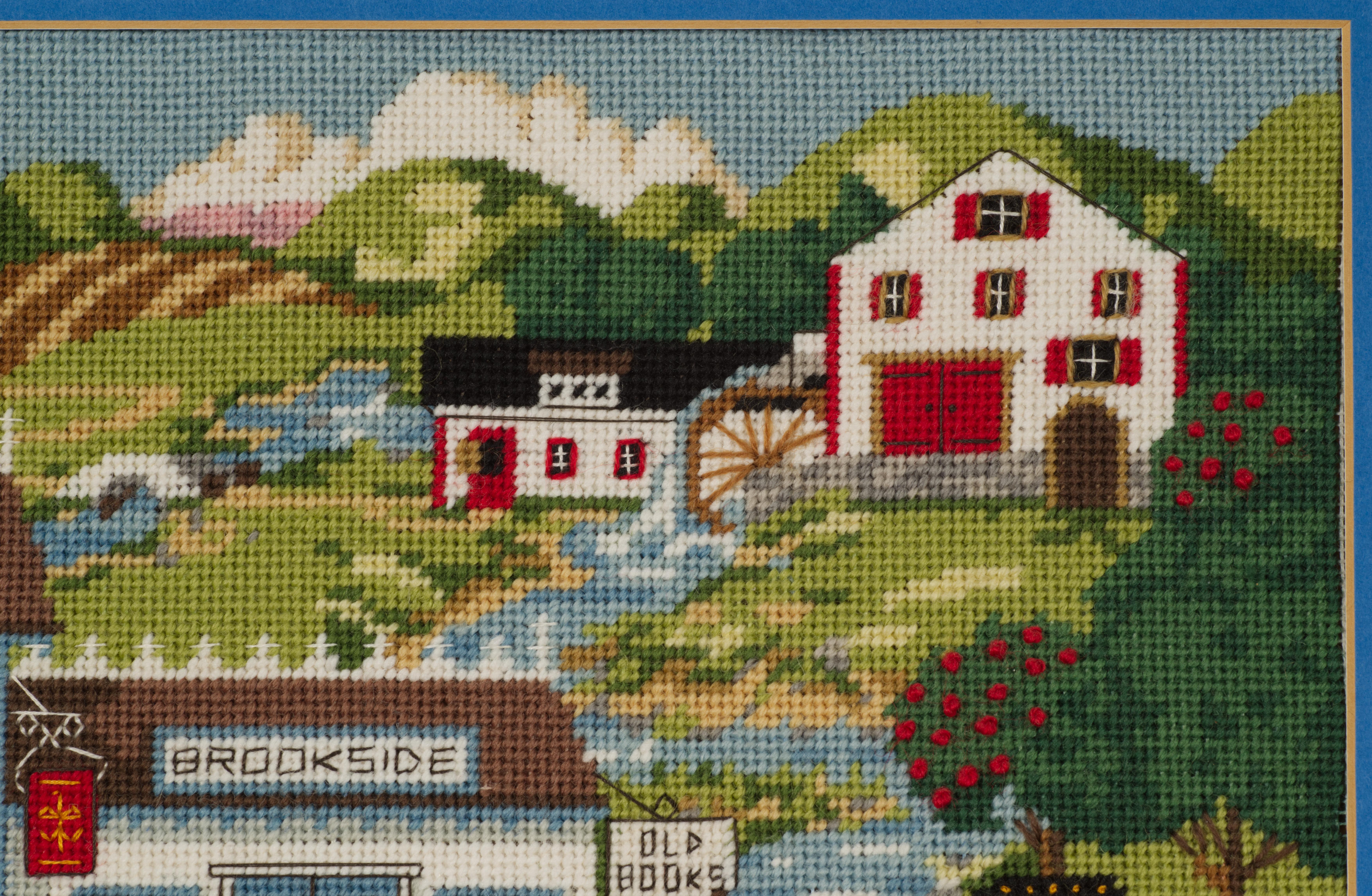 Vintage Framed Embroidered Needlepoint Folk Art Landscape Wall Hanging In Good Condition For Sale In Clifton Springs, NY