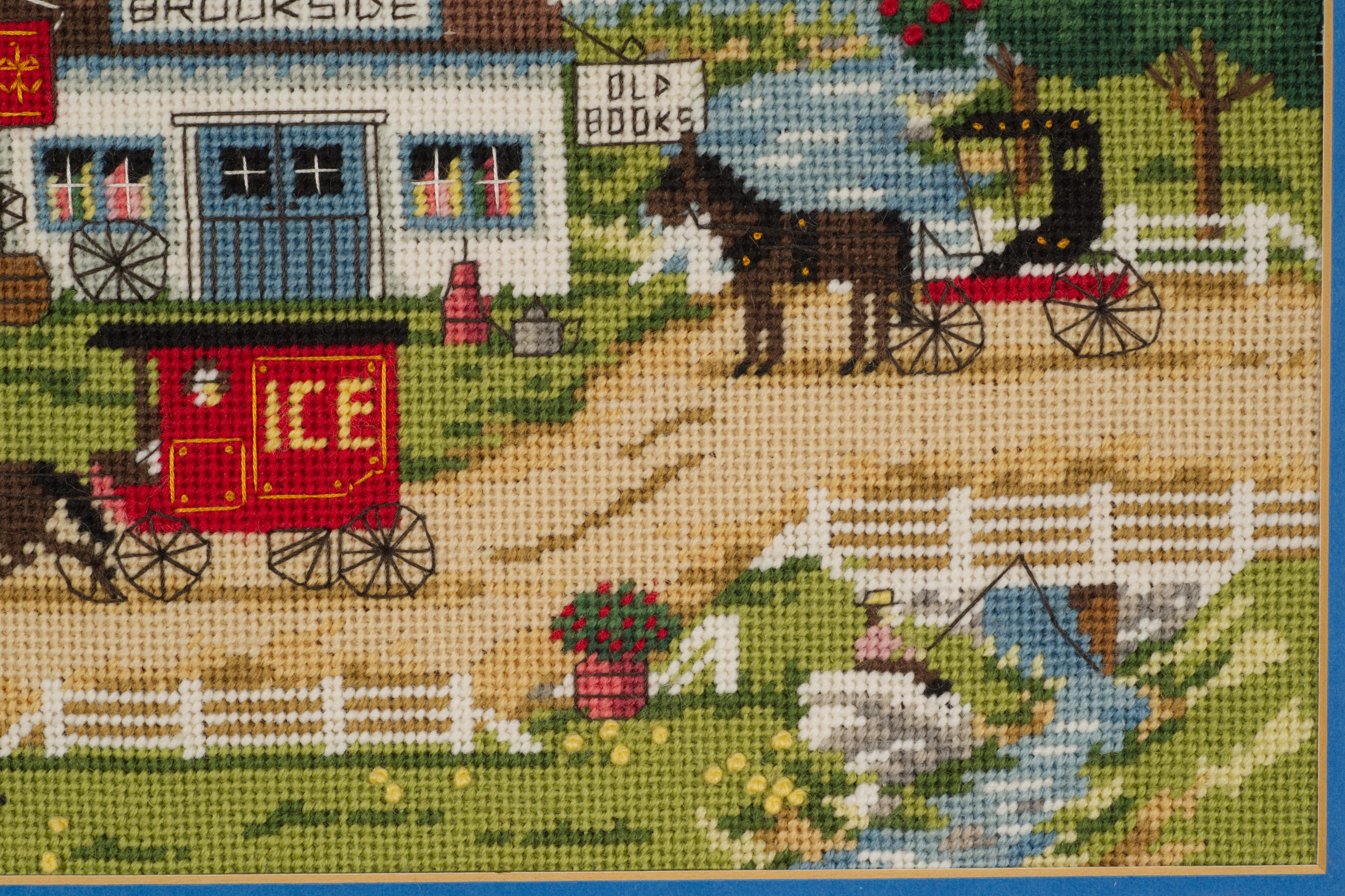 20th Century Vintage Framed Embroidered Needlepoint Folk Art Landscape Wall Hanging For Sale