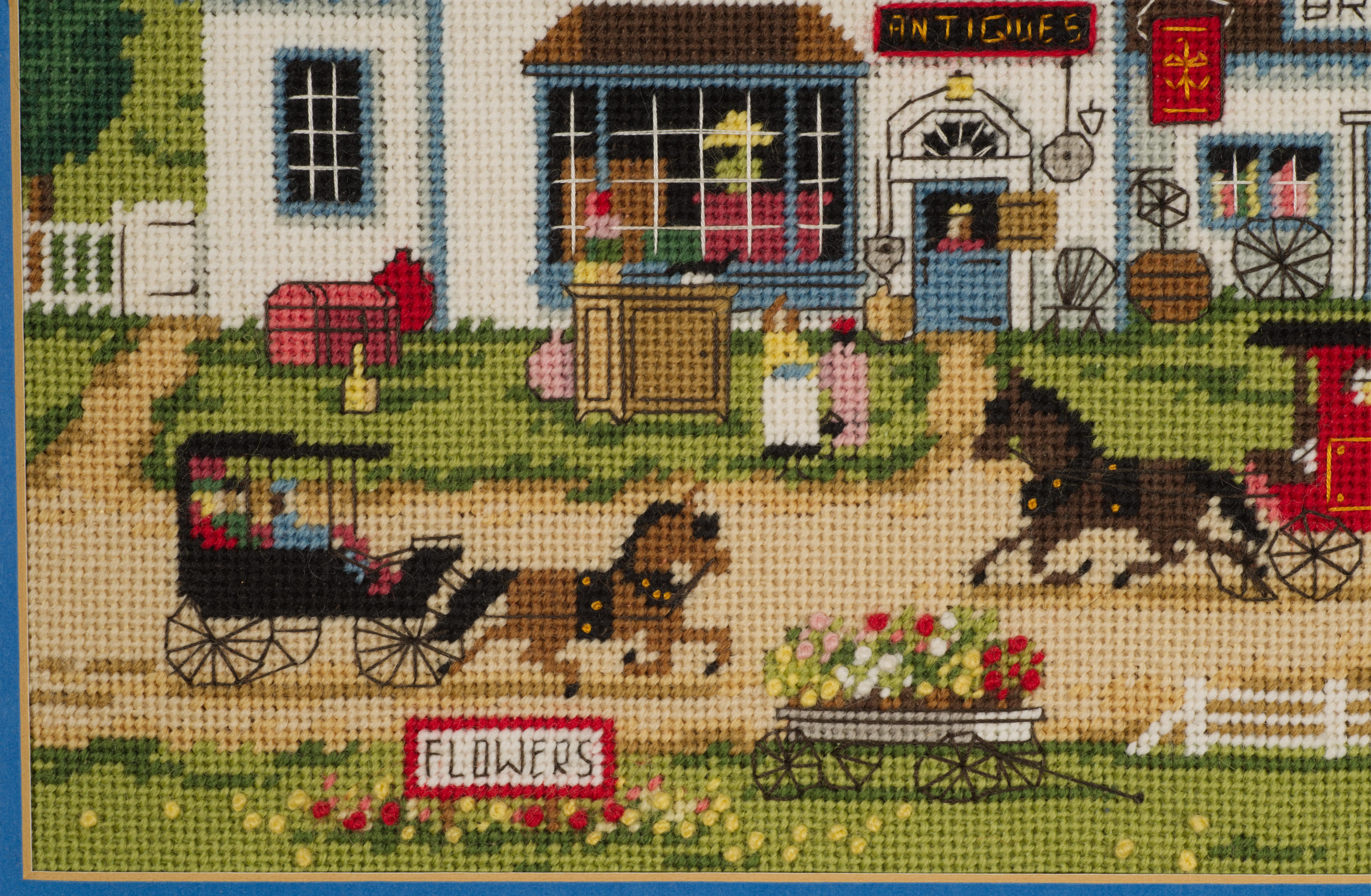 Fabric Vintage Framed Embroidered Needlepoint Folk Art Landscape Wall Hanging For Sale