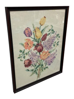 Vintage Framed Floral Cross-Stitch Textile Art - Hand-Embroidered Needlework