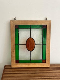 Vintage Framed Green and Orange Stained Glass