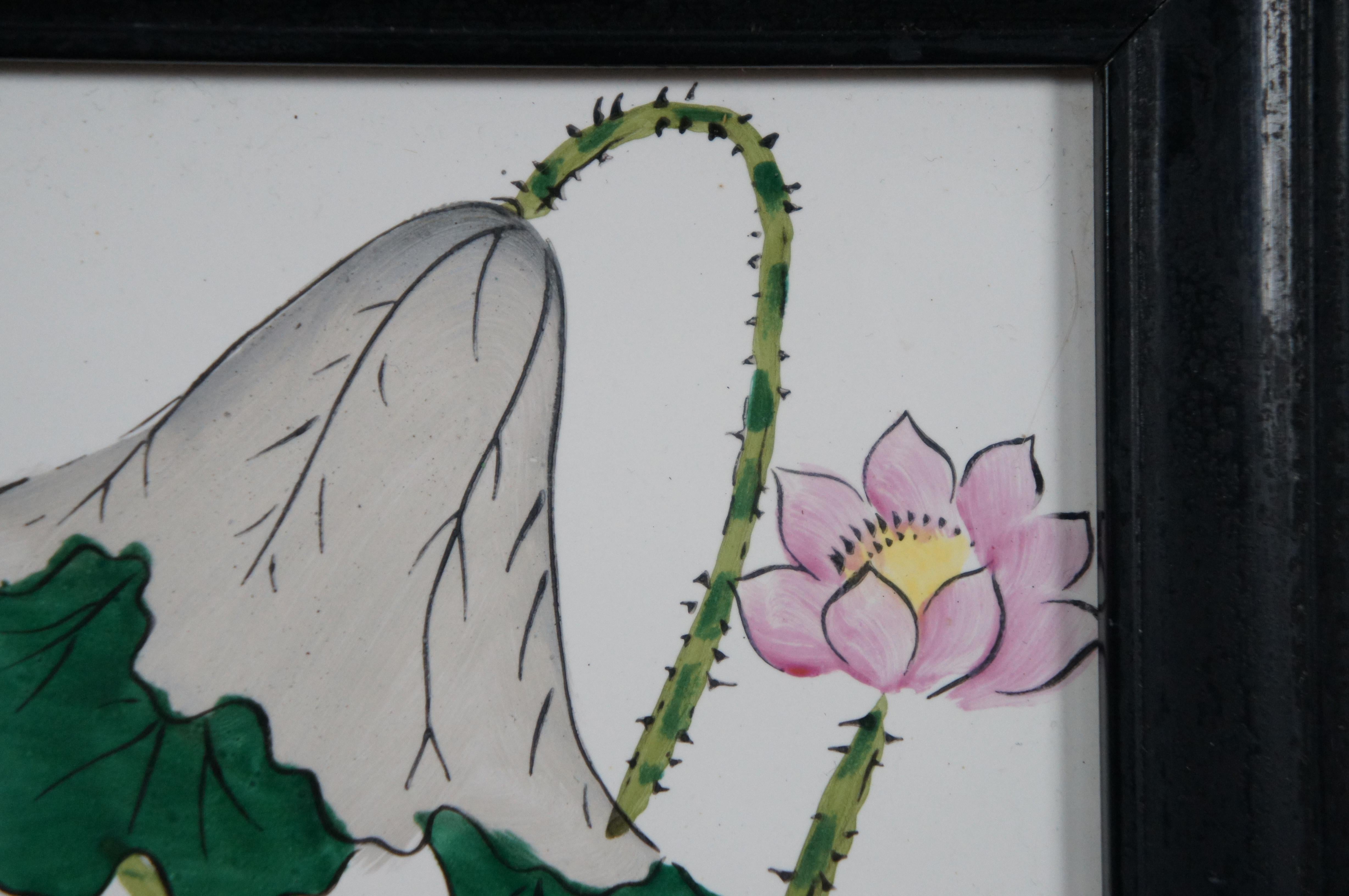Vintage Framed Hand Painted Porcelain Chinese Water Lily Lotus Flower Tiles 14