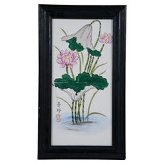 Vintage Framed Hand Painted Porcelain Chinese Water Lily Lotus Flower Tiles 14"