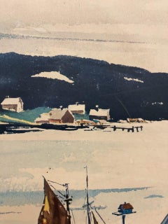 Stampa vintage incorniciata del paesaggio portuale di A.I.C. Gilbert - Barca a vela costiera.