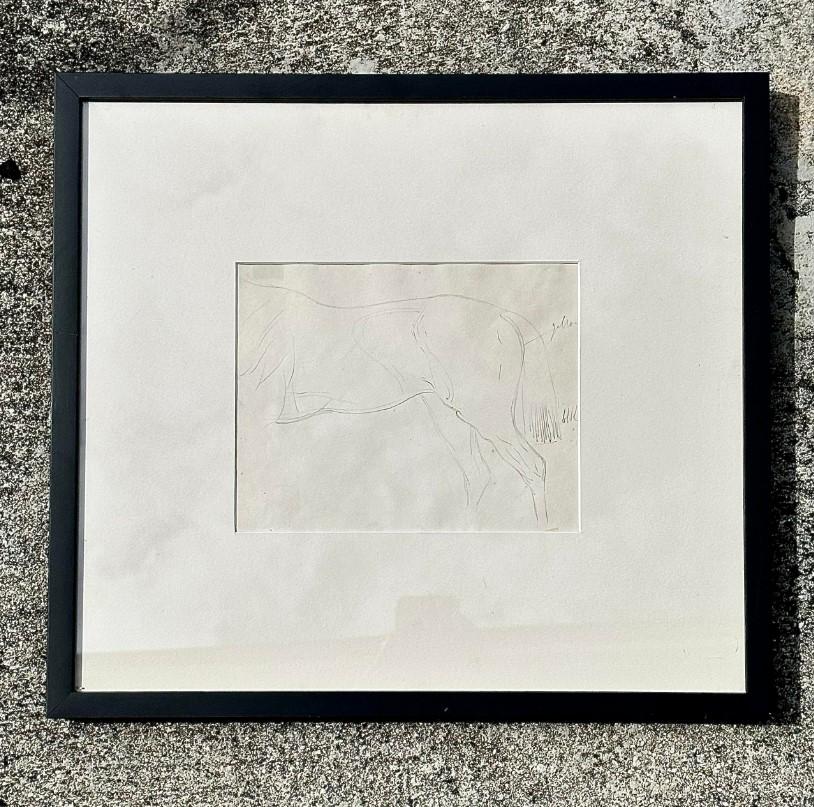 Un fantastico schizzo di cavallo vintage stampato su carta con matita e incorniciato in una semplice cornice nera. Acquistato in una tenuta di Palm Beach. 