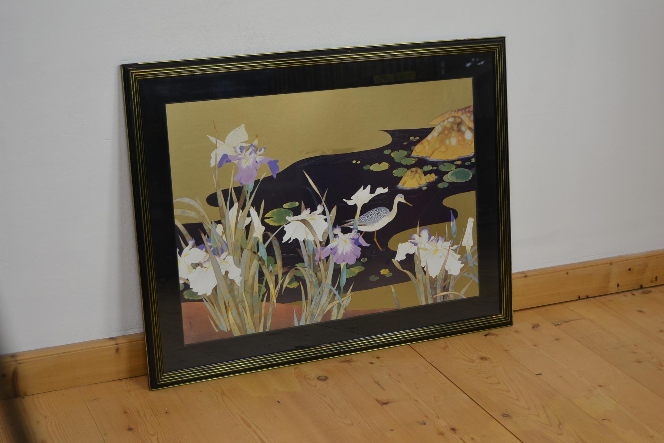 Vintage Framed Japanese Style Fine Art Print with Bird, Cane and