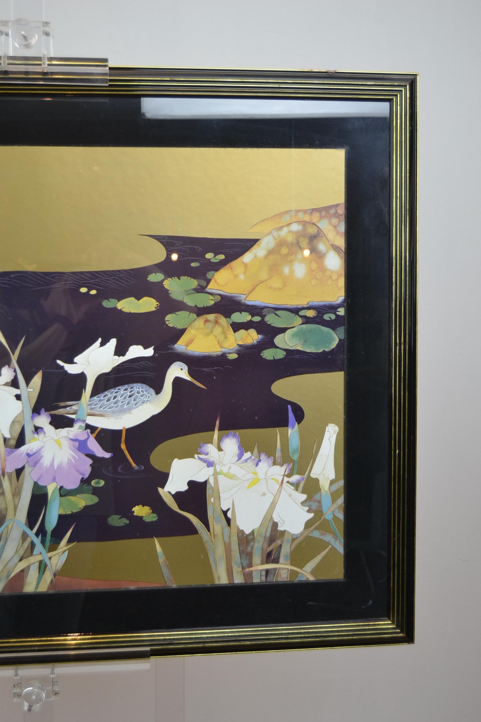 Vintage Framed Art Print with Bird, Cane and Flowers In Good Condition For Sale In Antwerp, BE