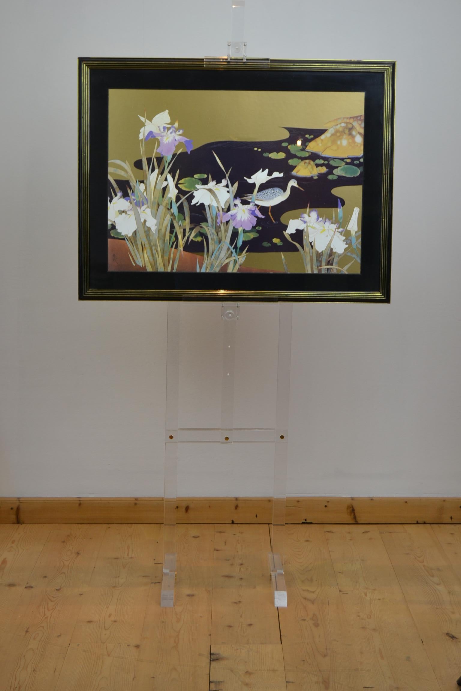 20th Century Vintage Framed Japanese Style Fine Art Print with Bird, Cane and Flowers For Sale