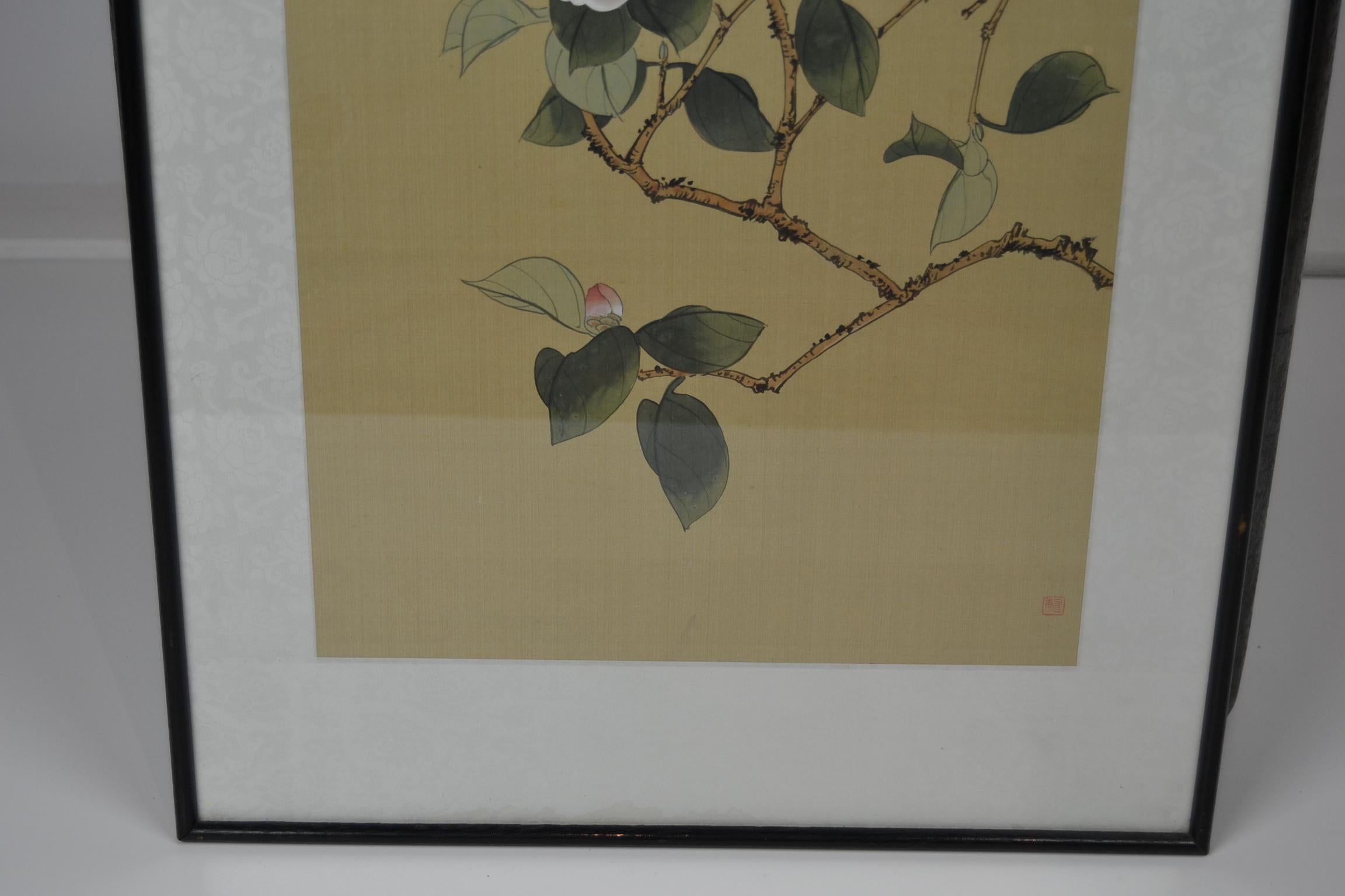 Gerahmte japanische Handgemälde auf Seide mit Vögeln und Blumen im Vintage-Stil 8