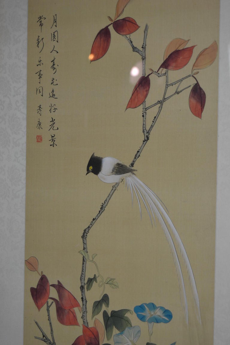 Vintage Framed Japanese Handmade Paintings on Silk with Birds and