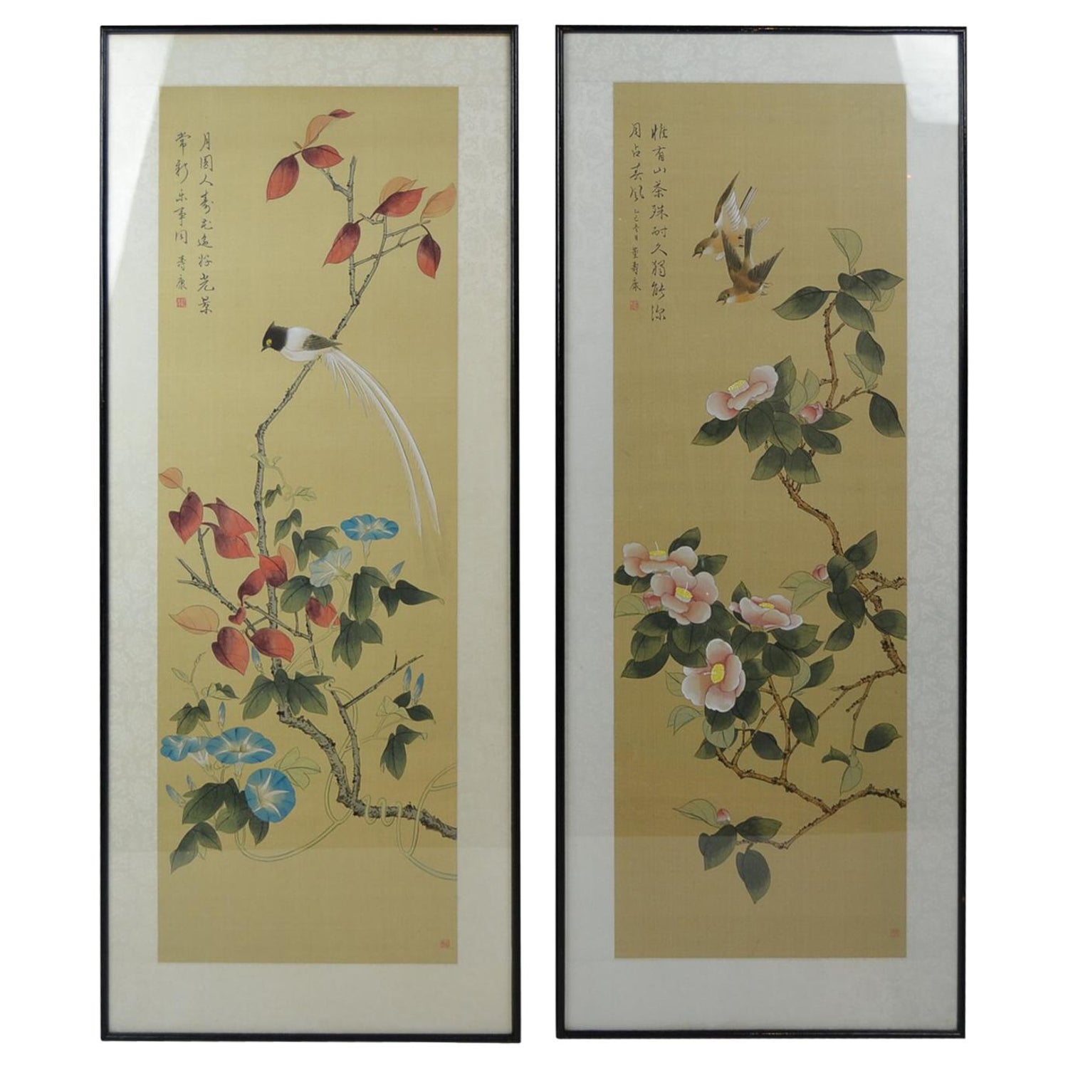Vintage Framed Japanese Handmade Paintings On Silk With Birds And Flowers At 1stdibs