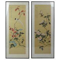 Vintage Framed Japanese Handmade Paintings on Silk with Birds and Flowers