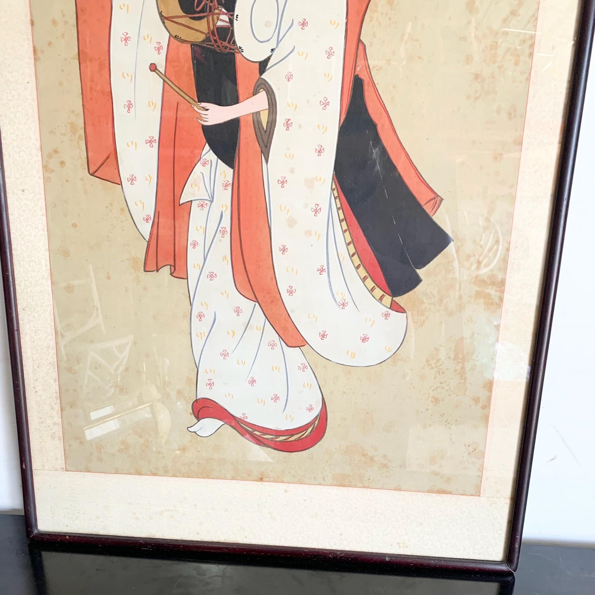 Gerahmtes japanisches Seidengemälde einer Tänzerin, die Trommel spielt, Vintage (Japanisch) im Angebot