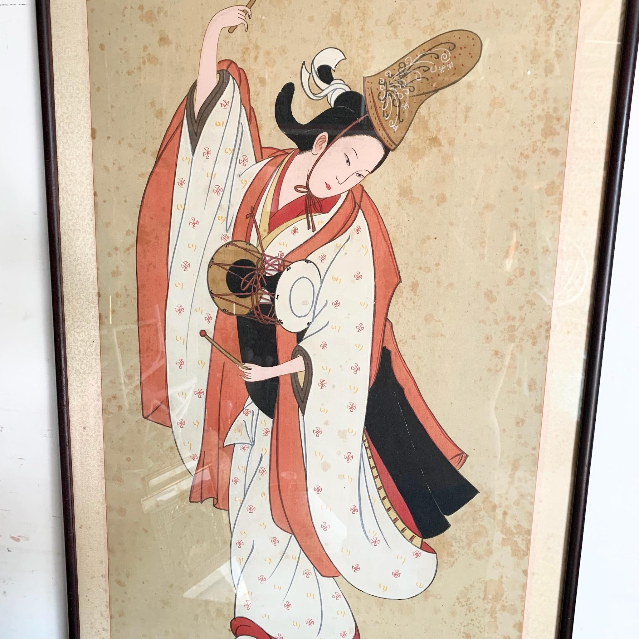 Gerahmtes japanisches Seidengemälde einer Tänzerin, die Trommel spielt, Vintage im Zustand „Gut“ im Angebot in Delray Beach, FL