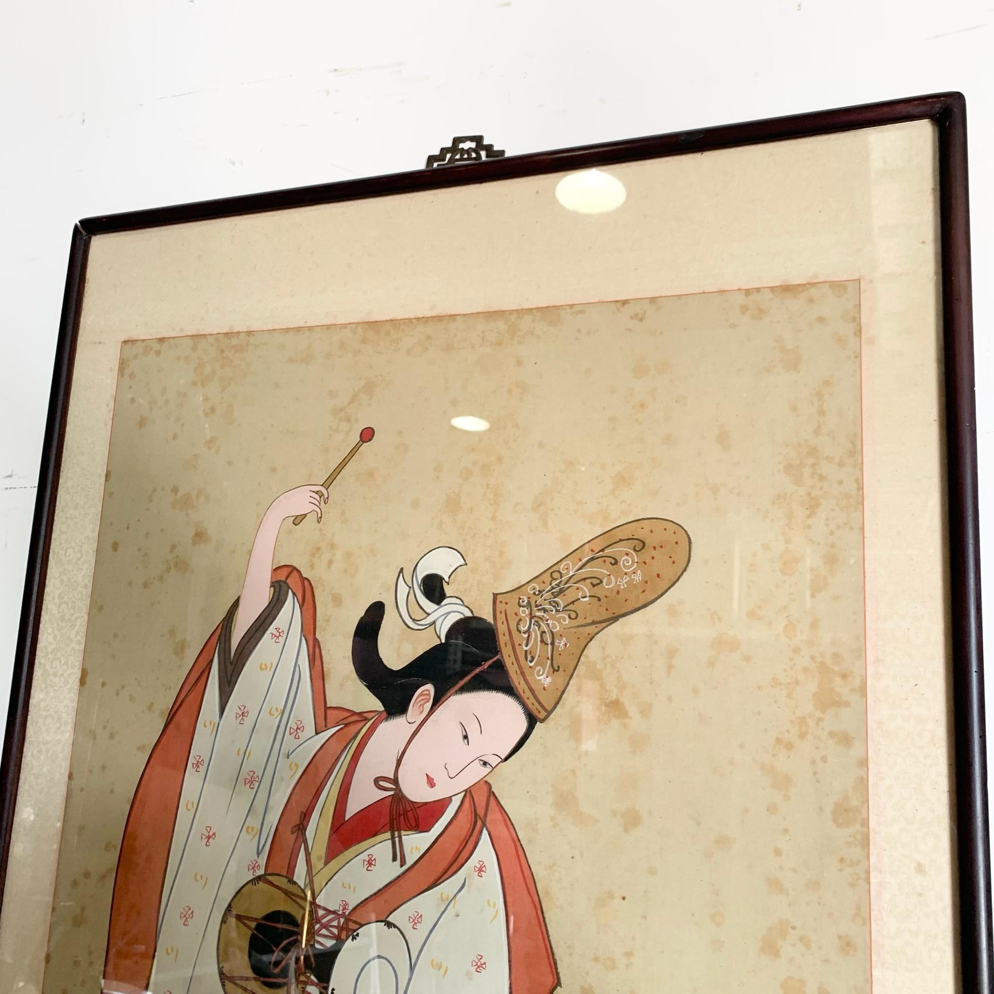 Gerahmtes japanisches Seidengemälde einer Tänzerin, die Trommel spielt, Vintage (20. Jahrhundert) im Angebot