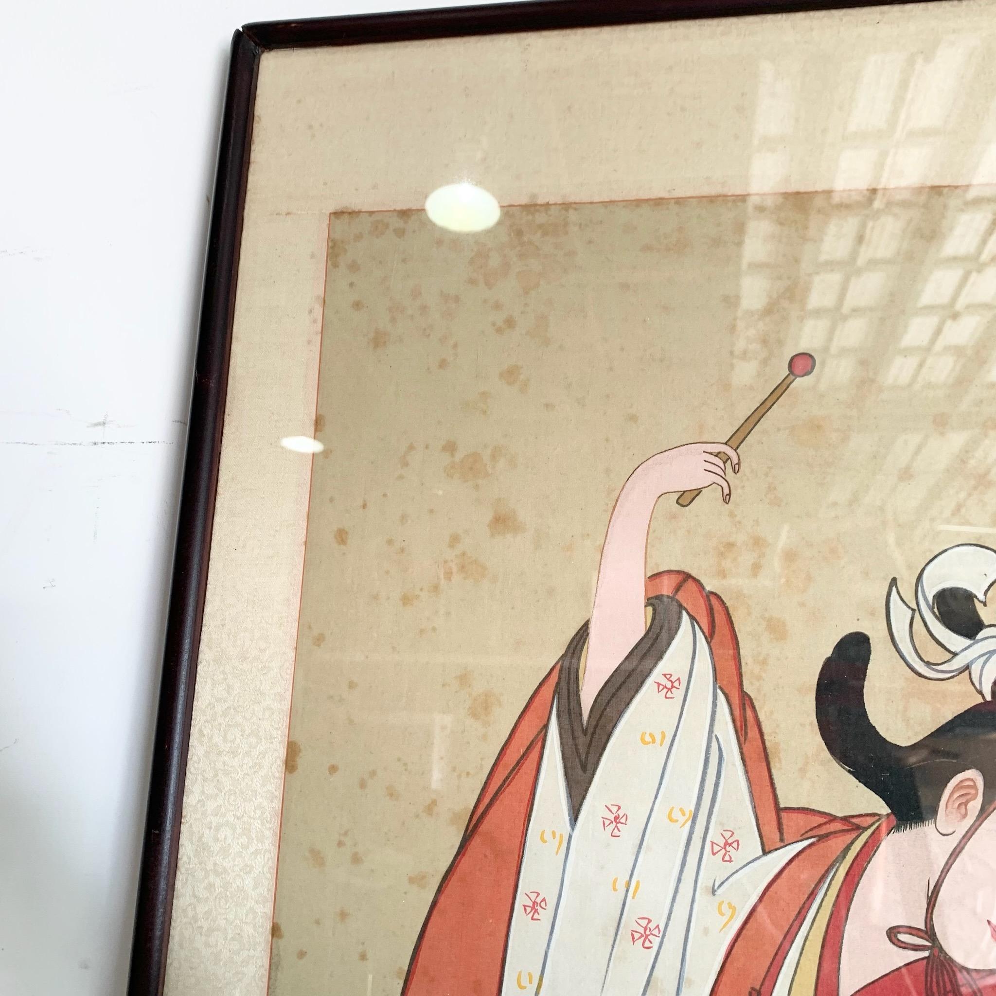 Gerahmtes japanisches Seidengemälde einer Tänzerin, die Trommel spielt, Vintage im Angebot 1
