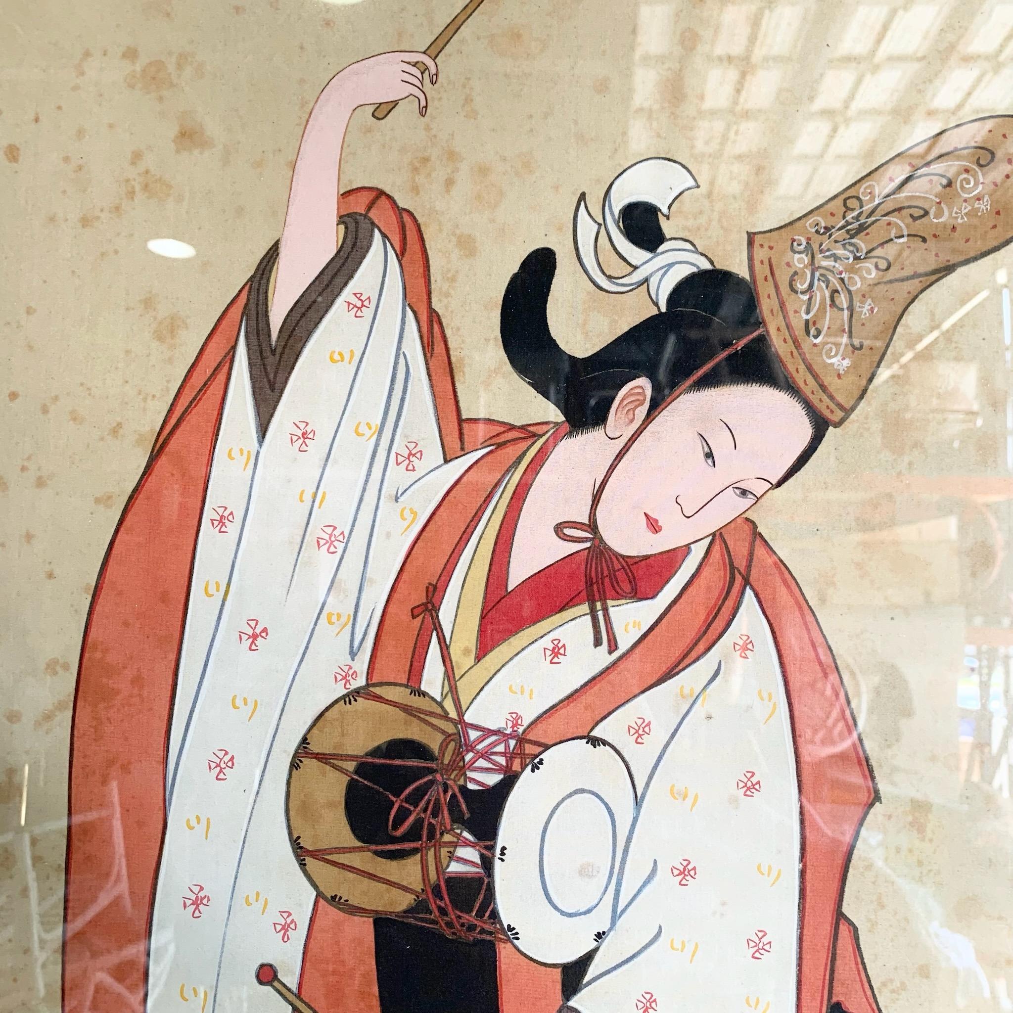 Gerahmtes japanisches Seidengemälde einer Tänzerin, die Trommel spielt, Vintage im Angebot 2
