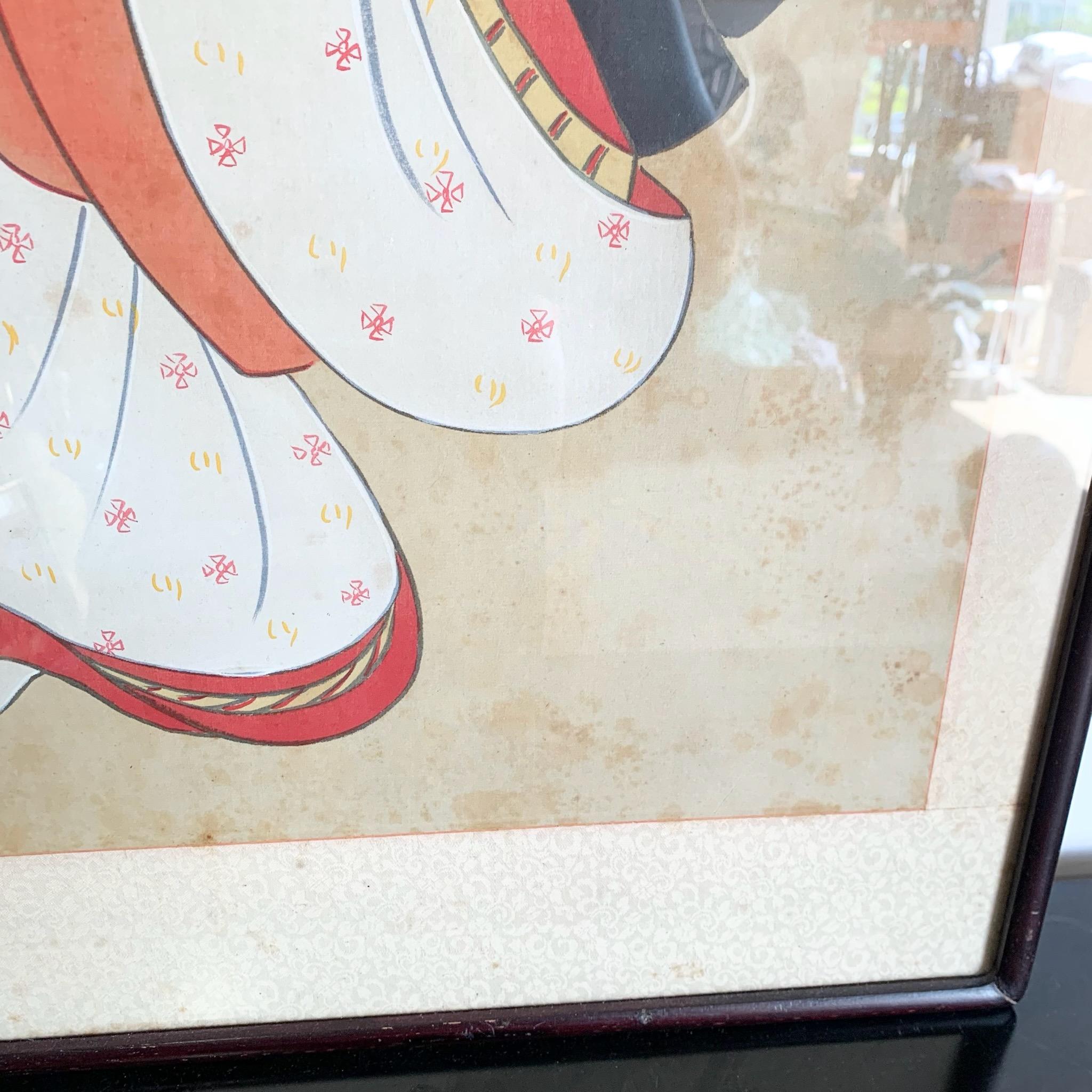 Gerahmtes japanisches Seidengemälde einer Tänzerin, die Trommel spielt, Vintage im Angebot 4