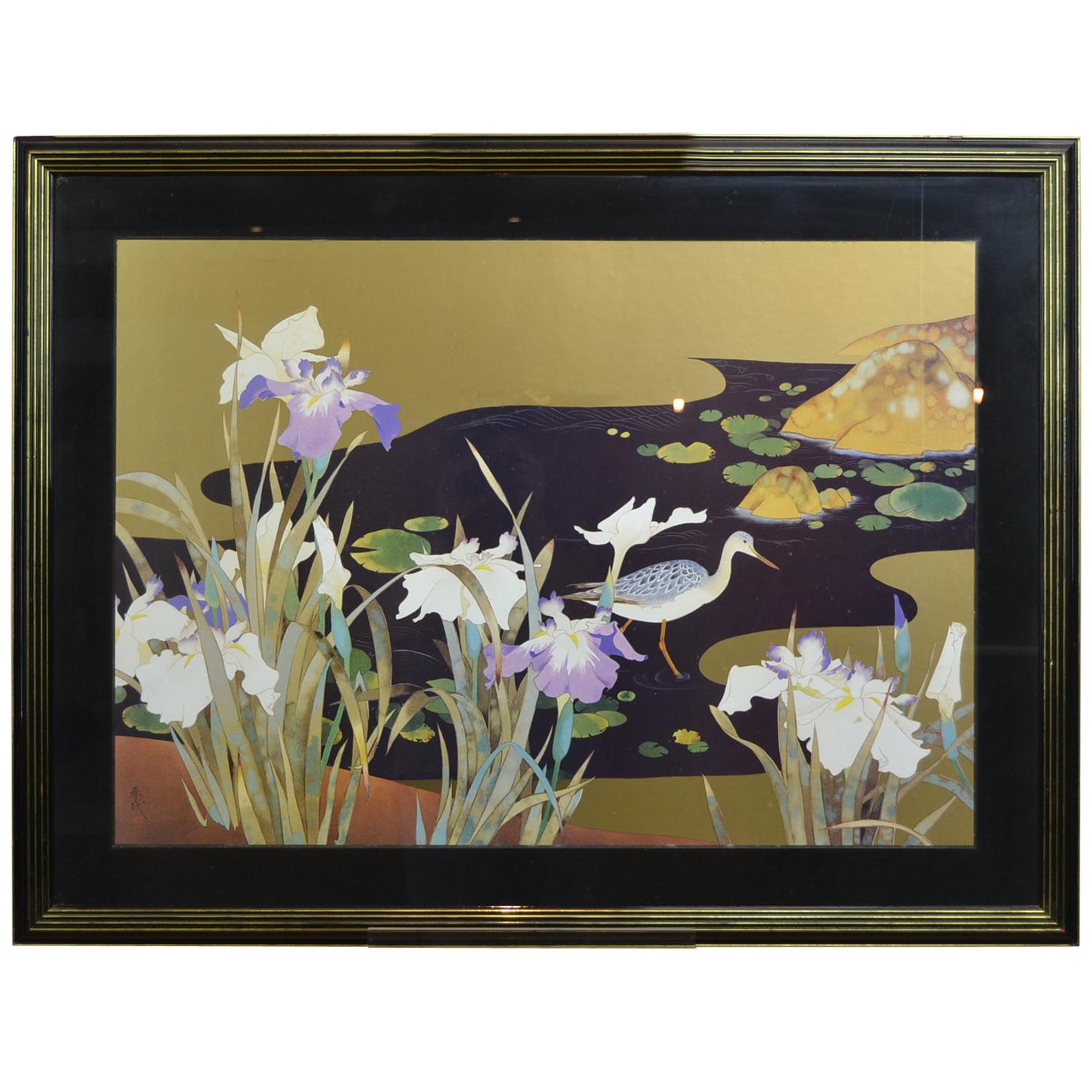Vintage Framed Japanese Style Fine Art Print with Bird, Cane and Flowers For Sale