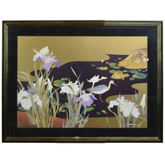 Retro Framed Art Print with Bird, Cane and Flowers