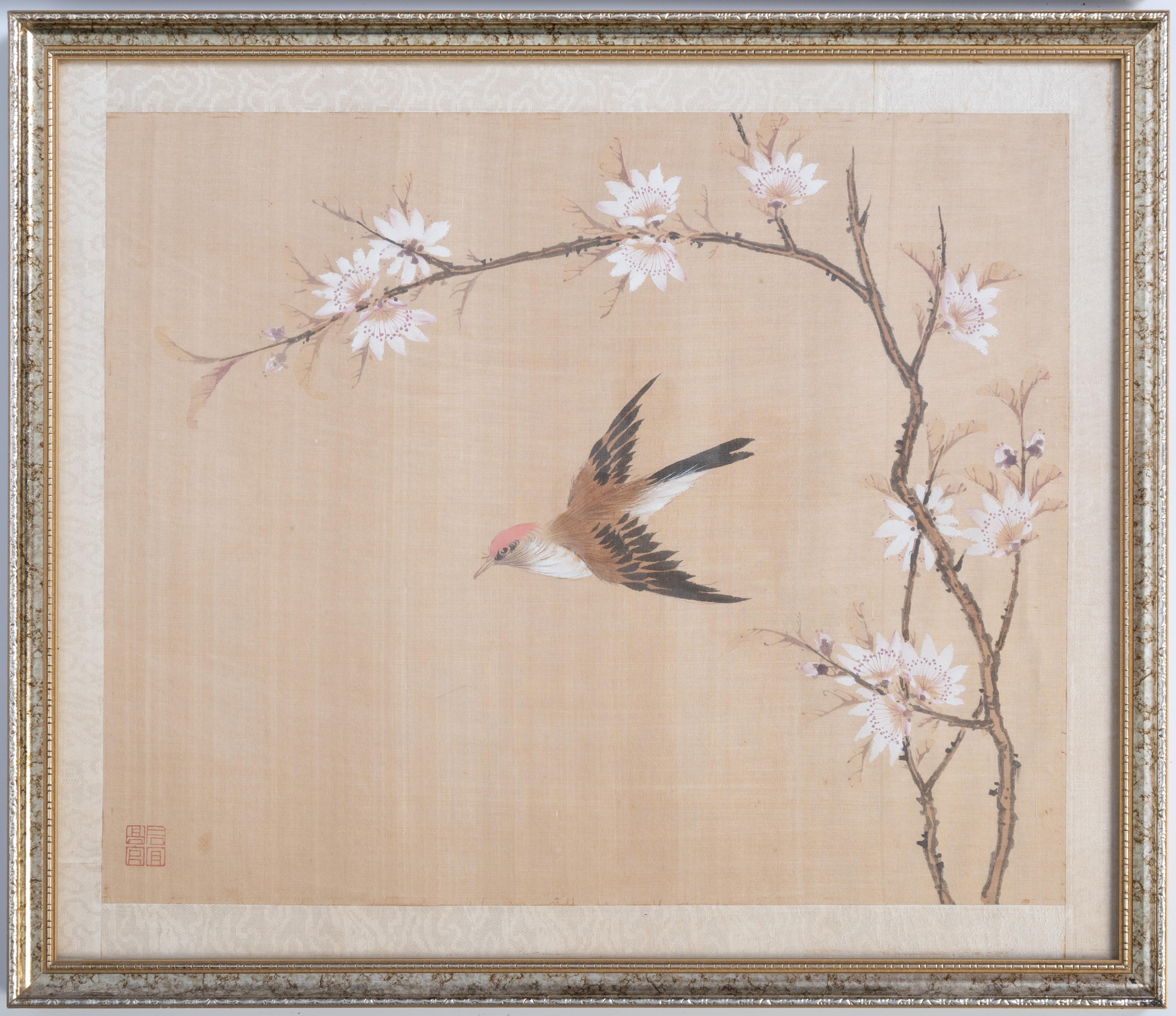 Vintage Framed Japanese Watercolour on Silk Signed , C.1960
Depicting cherry blossom, the national flower of Japan, and a sparrow in flight, a symbol of loyalty, friendship and prosperity. 
Mounted in a silk brocade and framed.
In very good