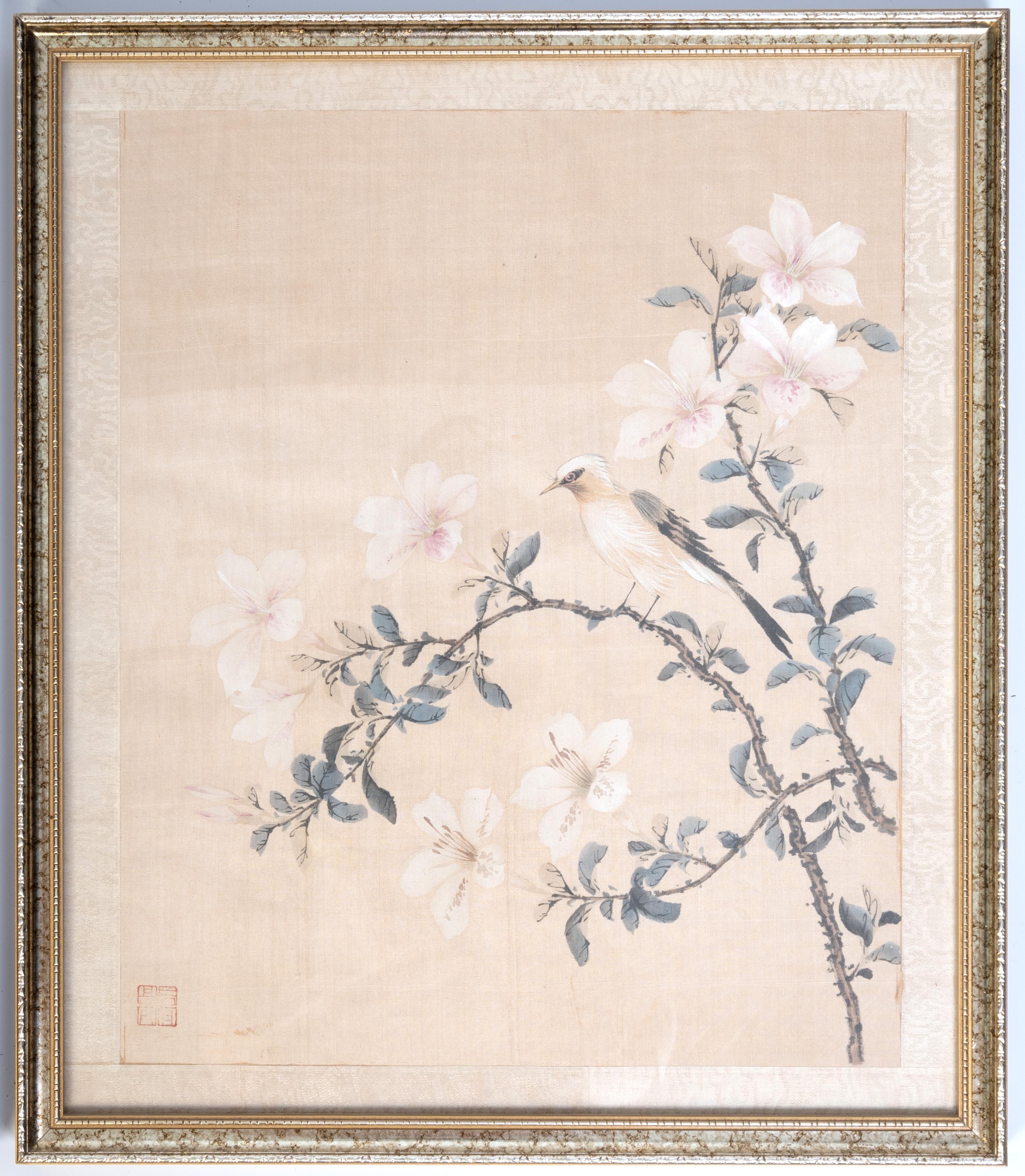 20th Century Vintage Framed Japanese Watercolour on Silk Signed C.1960 For Sale