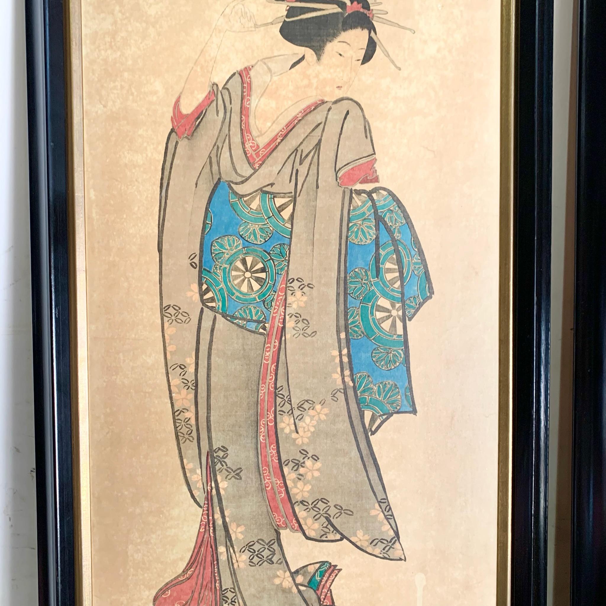 Gerahmte Japonisme-Druckdrucke von Geishas im Vintage-Stil – ein Paar im Zustand „Gut“ im Angebot in Delray Beach, FL