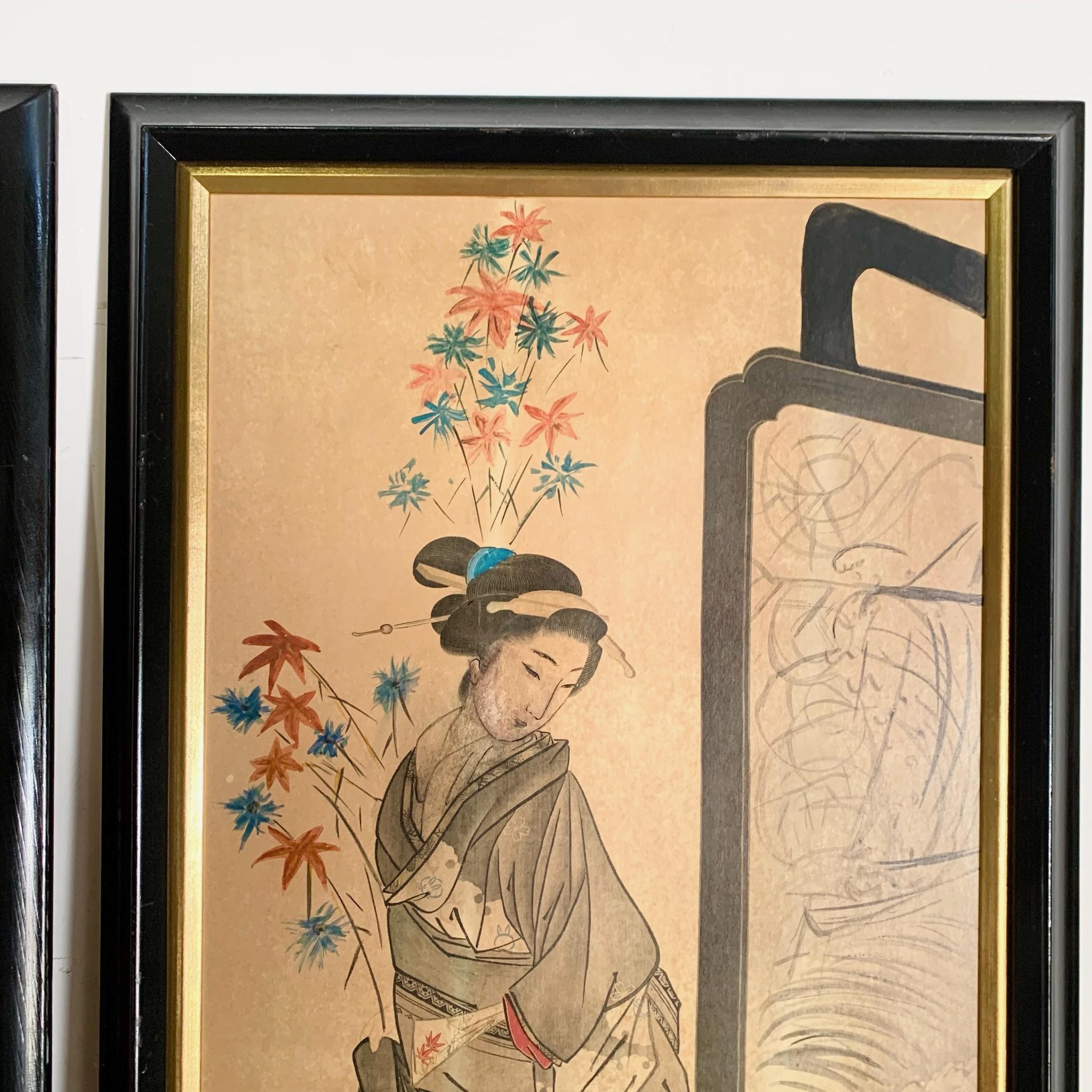 Gerahmte Japonisme-Druckdrucke von Geishas im Vintage-Stil – ein Paar (Holz) im Angebot