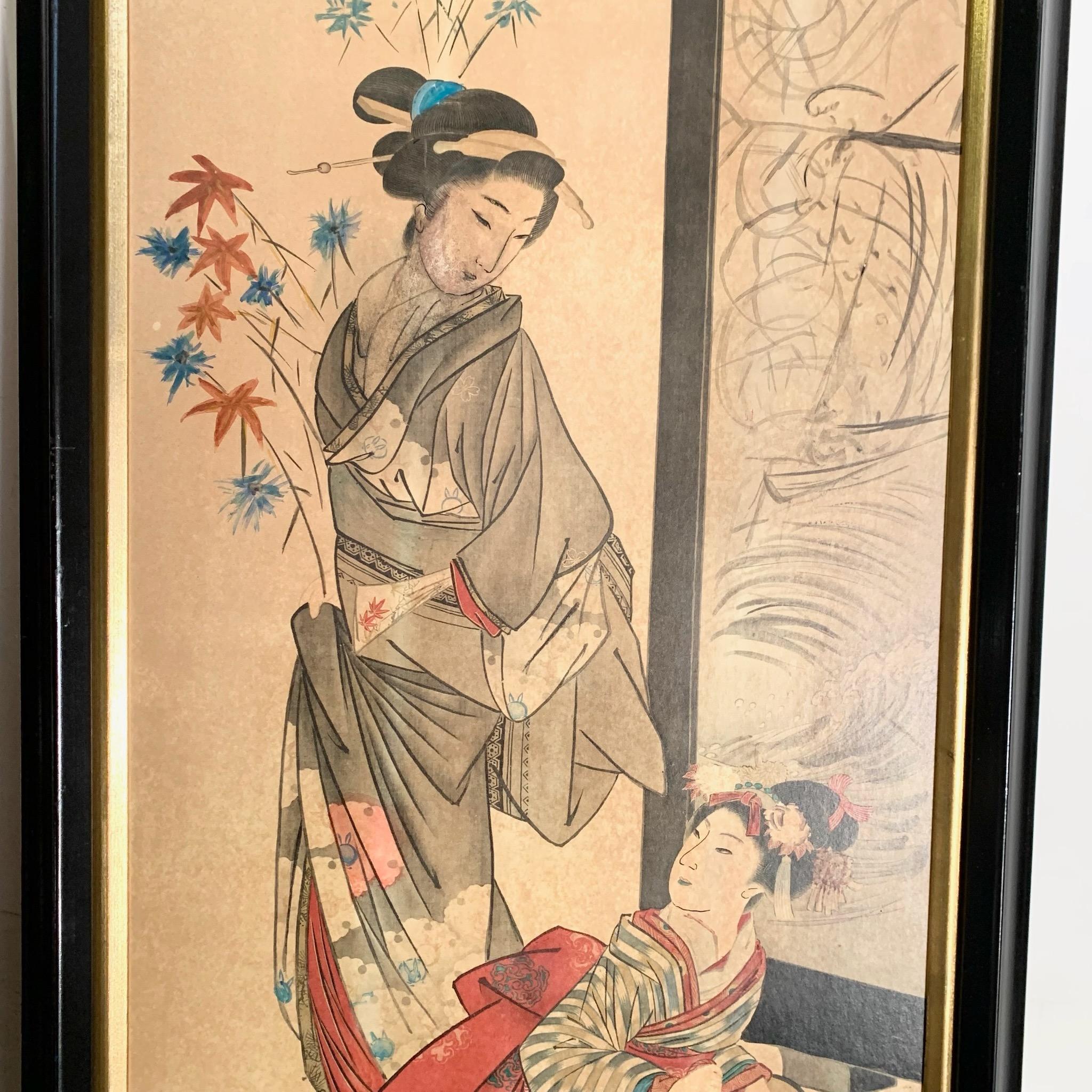 Gerahmte Japonisme-Druckdrucke von Geishas im Vintage-Stil – ein Paar im Angebot 1