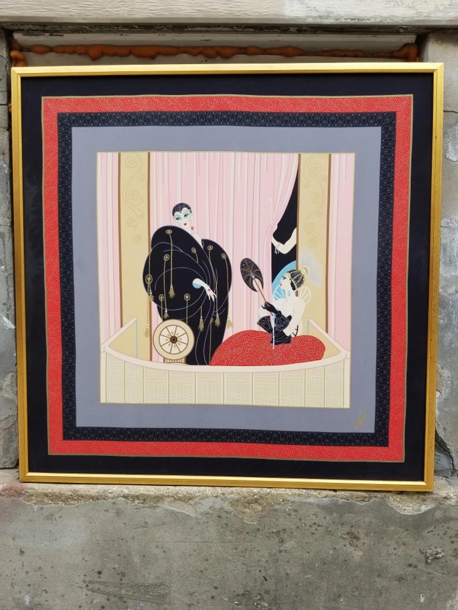 Pañuelo de seda vintage enmarcado L 'Opera firmado por Erte

Una Hermosa Pieza de Arte de Pared para Empezar o Añadir a una Colección de Lujo de Alta Gama Ya Existente. L'Opera, que representa a dos damas, una sentada con un telón parcialmente
