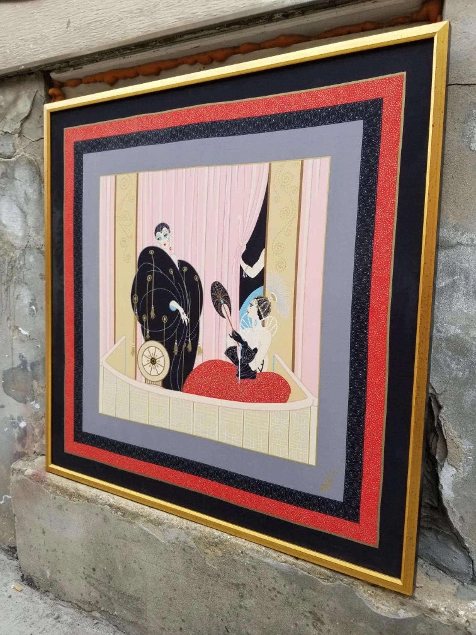 Pañuelo de seda vintage enmarcado L 'Opera firmado por Erte Art Decó en venta