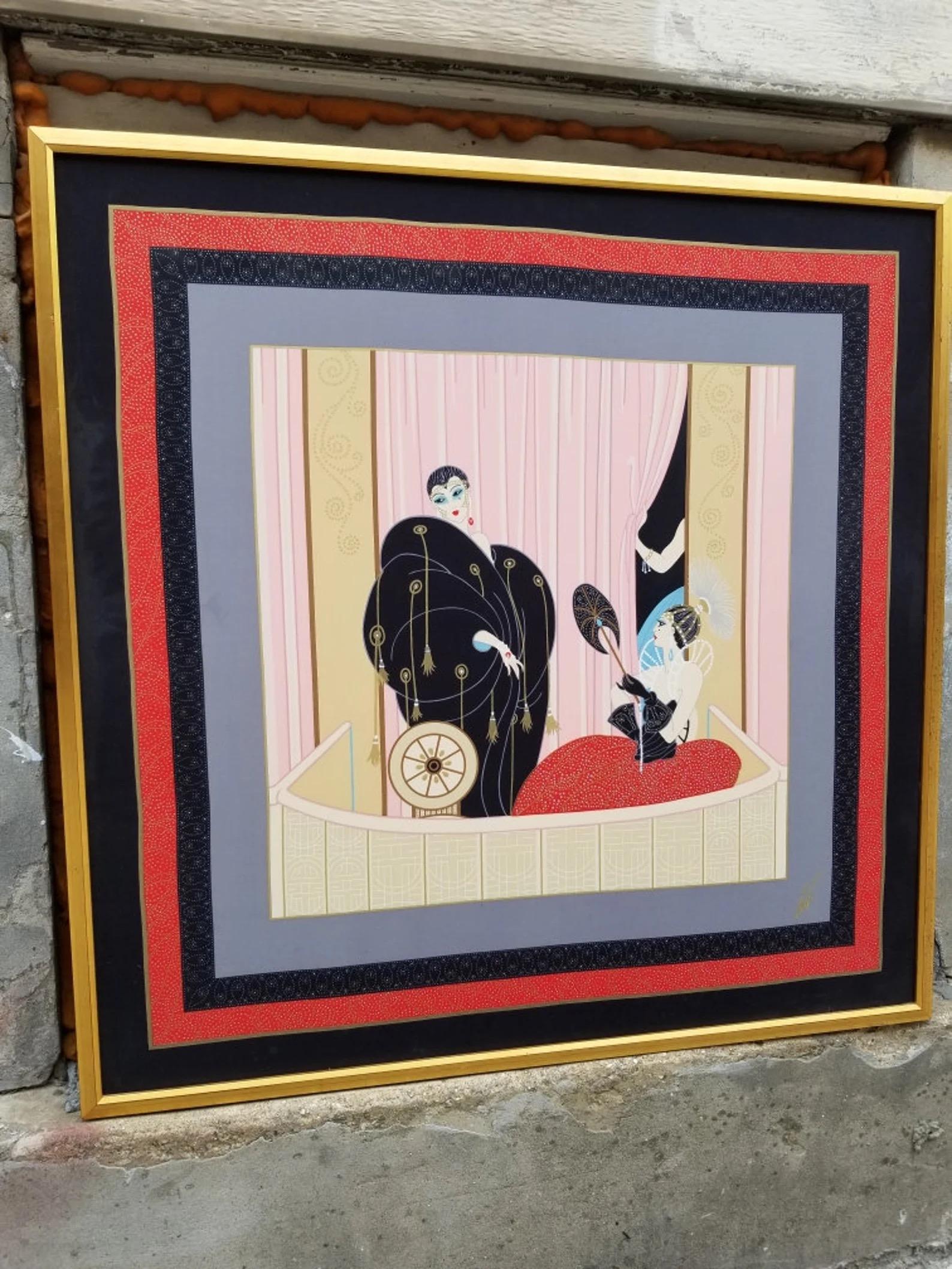 Pañuelo de seda vintage enmarcado L 'Opera firmado por Erte en Bueno estado para la venta en Chicago, IL
