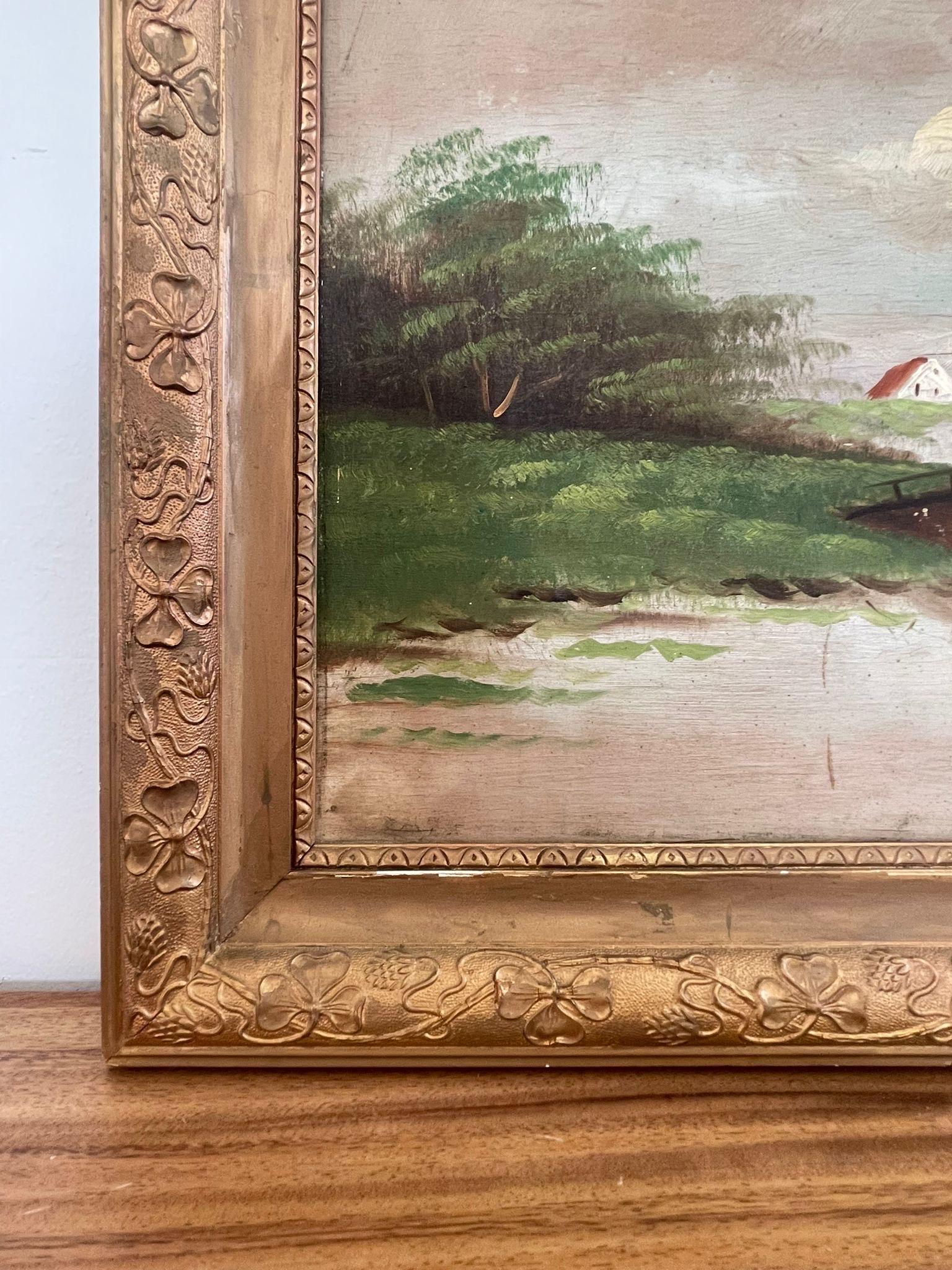 Glass Vintage Framed Landscape Painting  For Sale