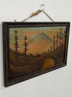 Vintage Framed Landscape Painting of Mountain Path at Sunset, Signed.