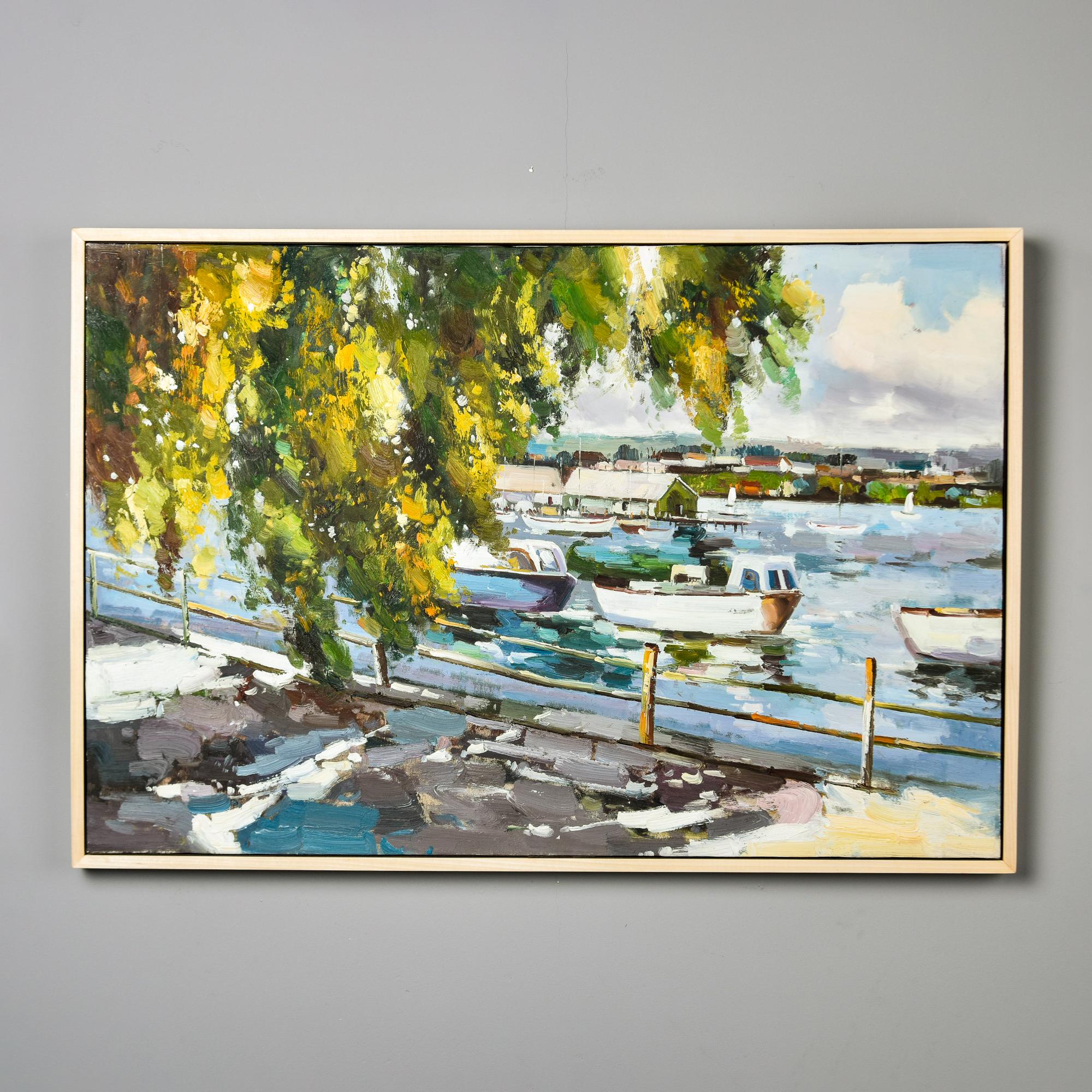 Found on the East Coast in the United States, this large original oil painting on stretched canvas depicting boats in a harbor. Unsigned and new floating frame in pale wood. Unknown artist. 

We may be able to send this via parcel service depending