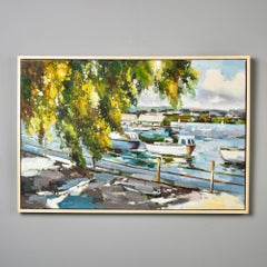 Vintage Framed Large Oil Painting on Canvas Depicting Boats in Harbor