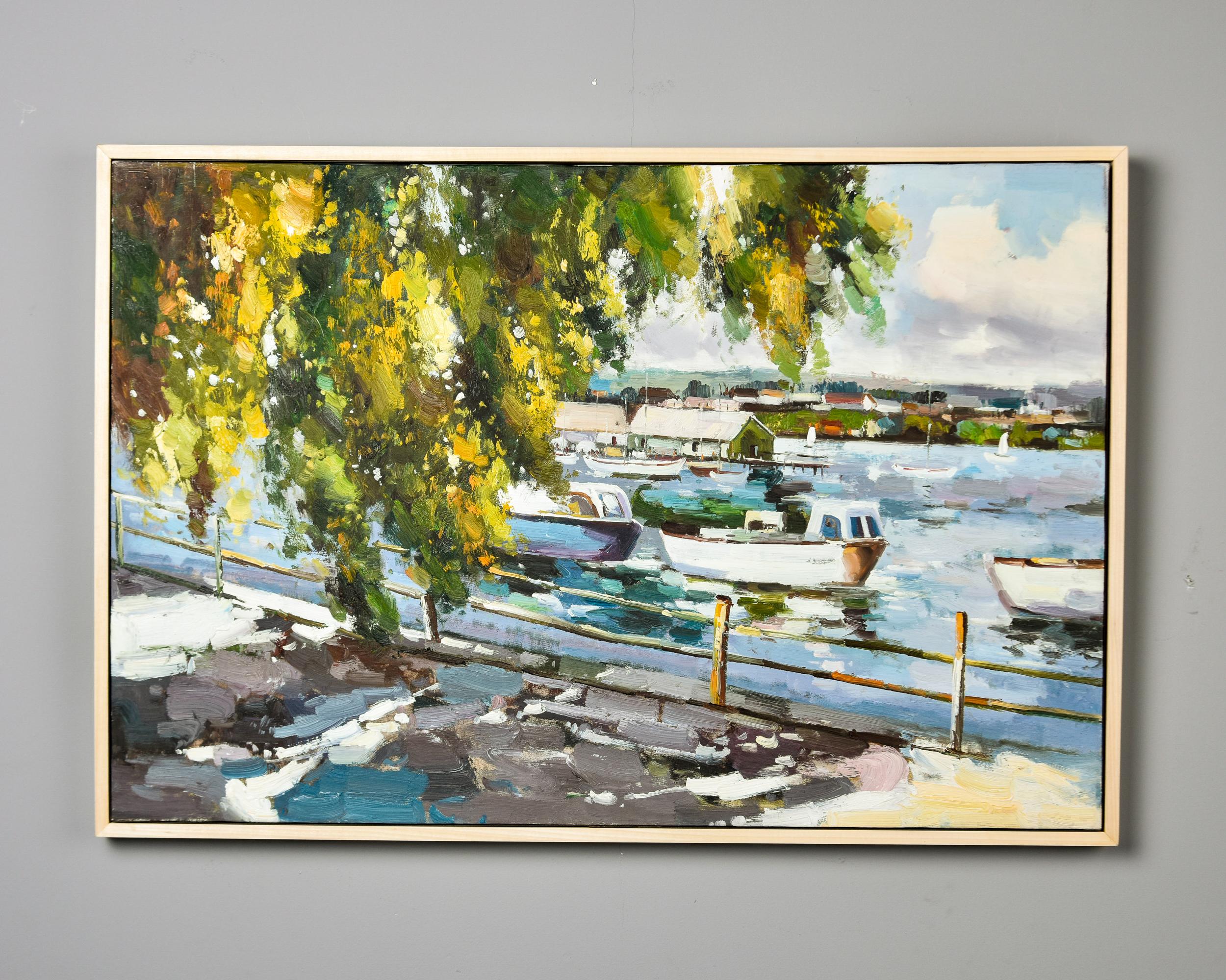 Américain Grande peinture à l'huile sur toile encadrée représentant des bateaux dans un port en vente