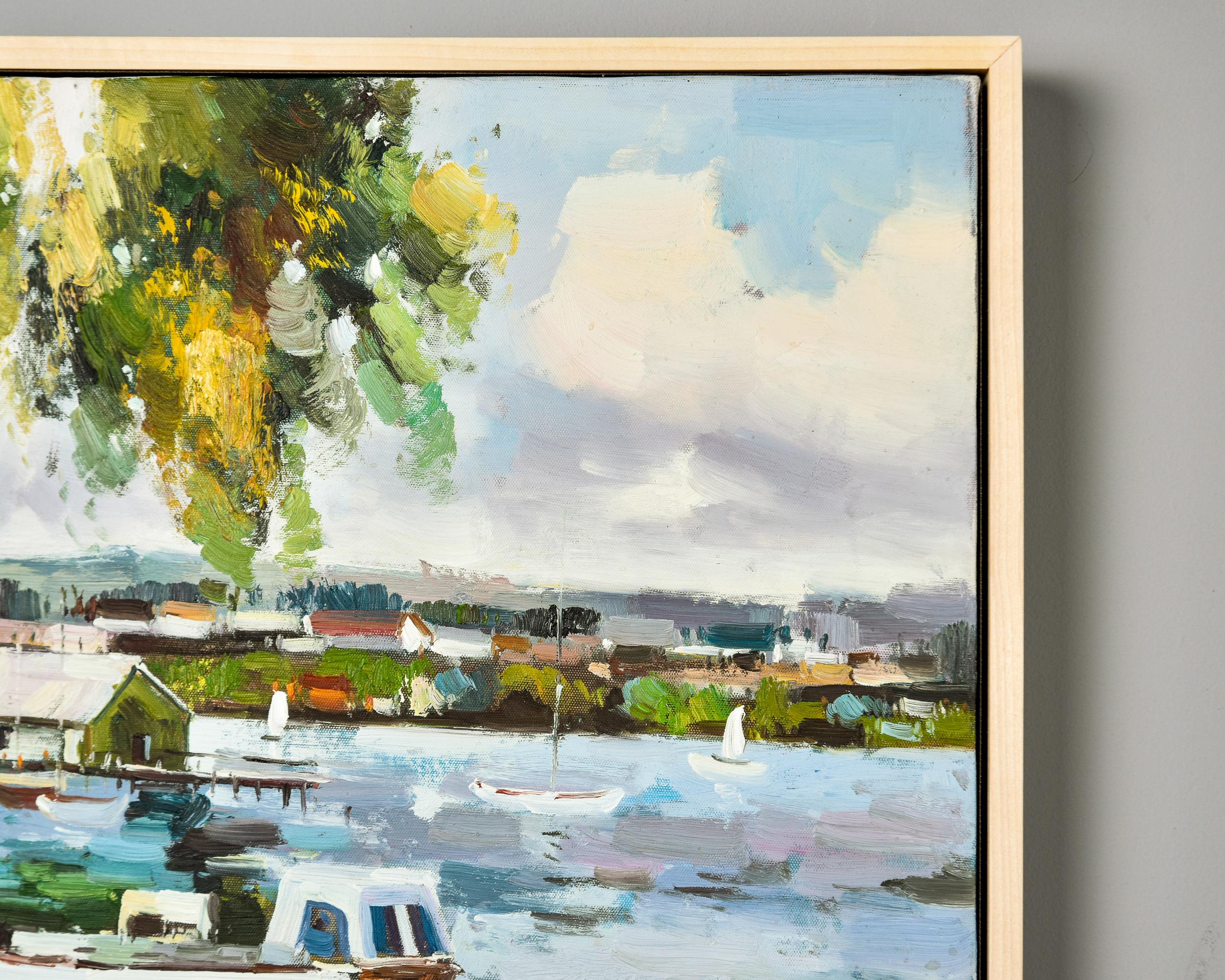 Vintage Framed Large Oil Painting on Canvas Depicting Boats in Harbor In Good Condition For Sale In Troy, MI