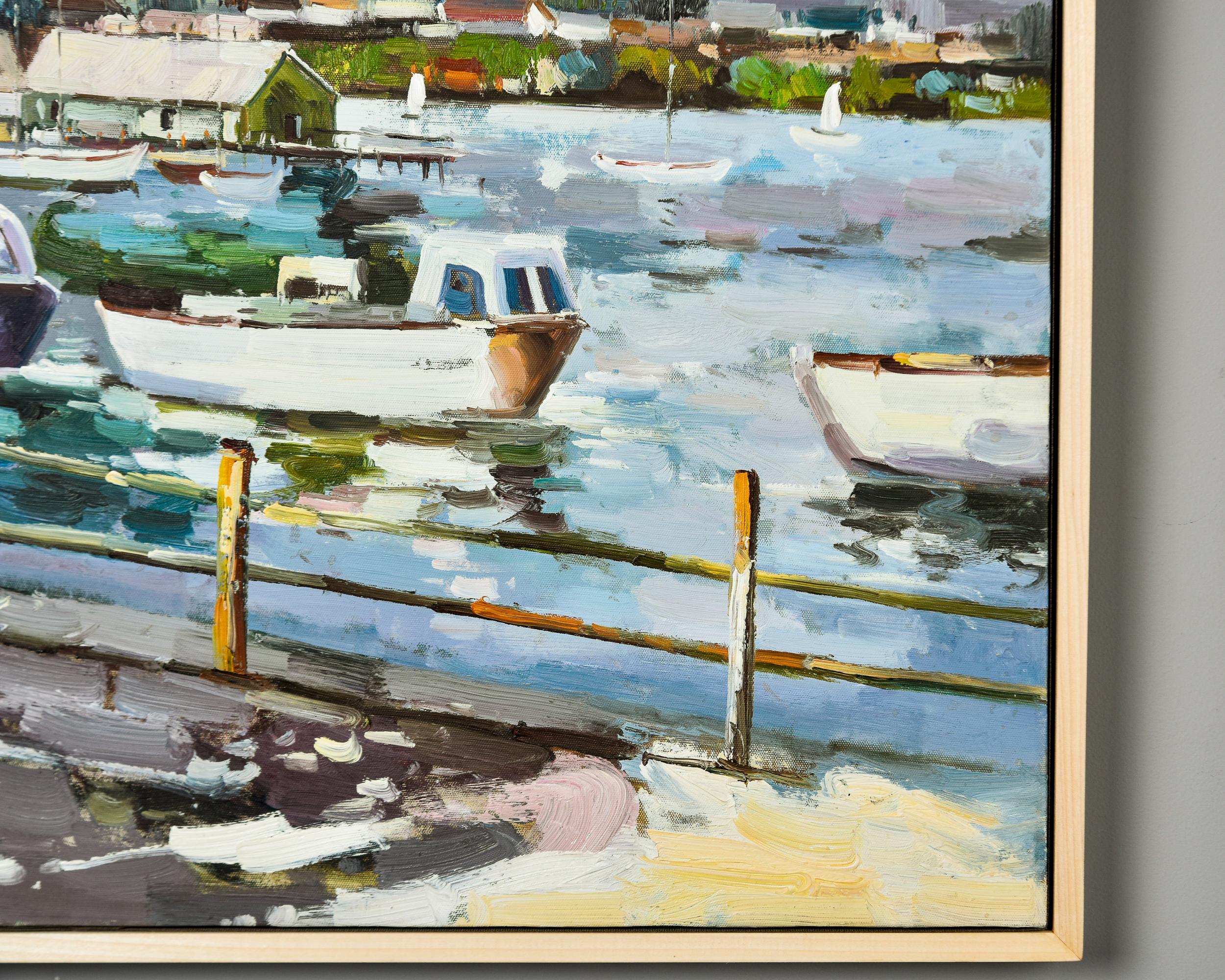 20ième siècle Grande peinture à l'huile sur toile encadrée représentant des bateaux dans un port en vente