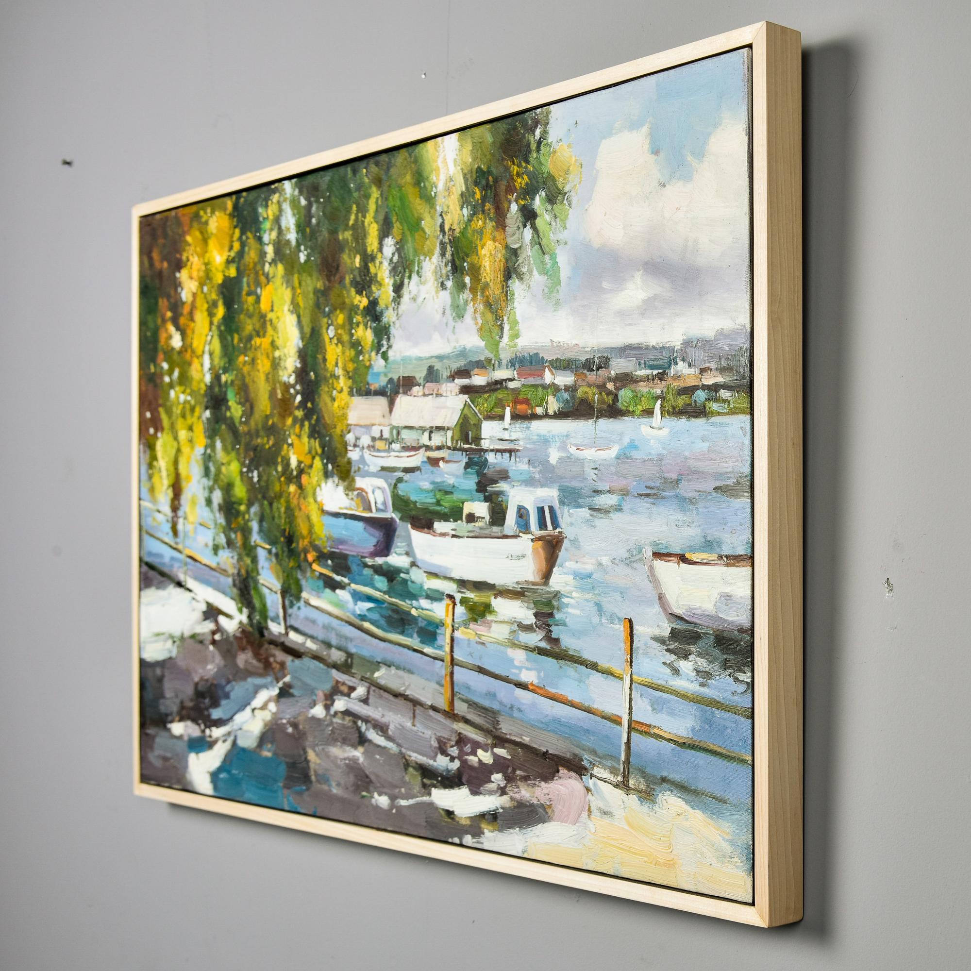 Grande peinture à l'huile sur toile encadrée représentant des bateaux dans un port en vente 2