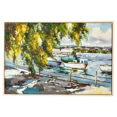 Vintage Framed Large Oil Painting on Canvas Depicting Boats in Harbor