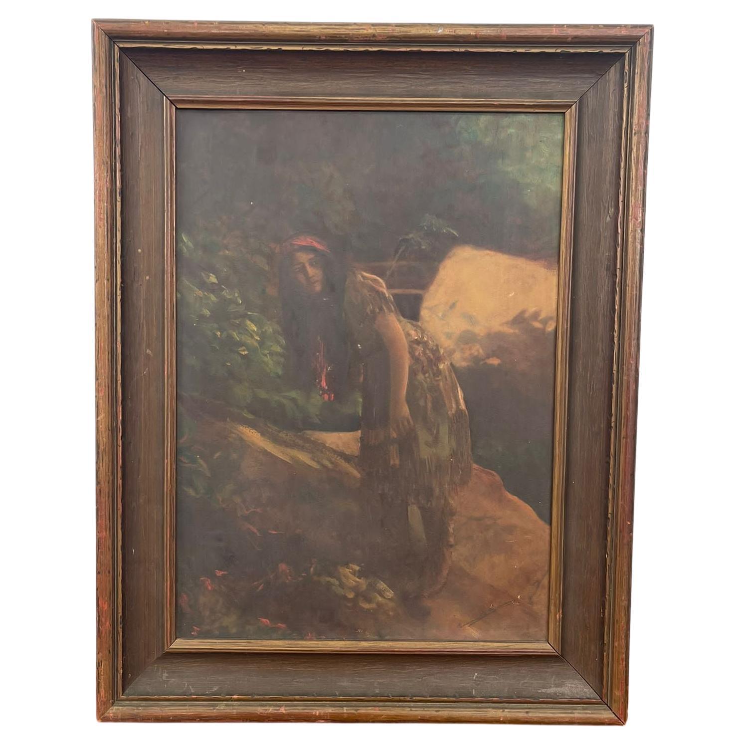Vintage Framed Lithograph of a Woman in Nature with Hand-Painted Highlights