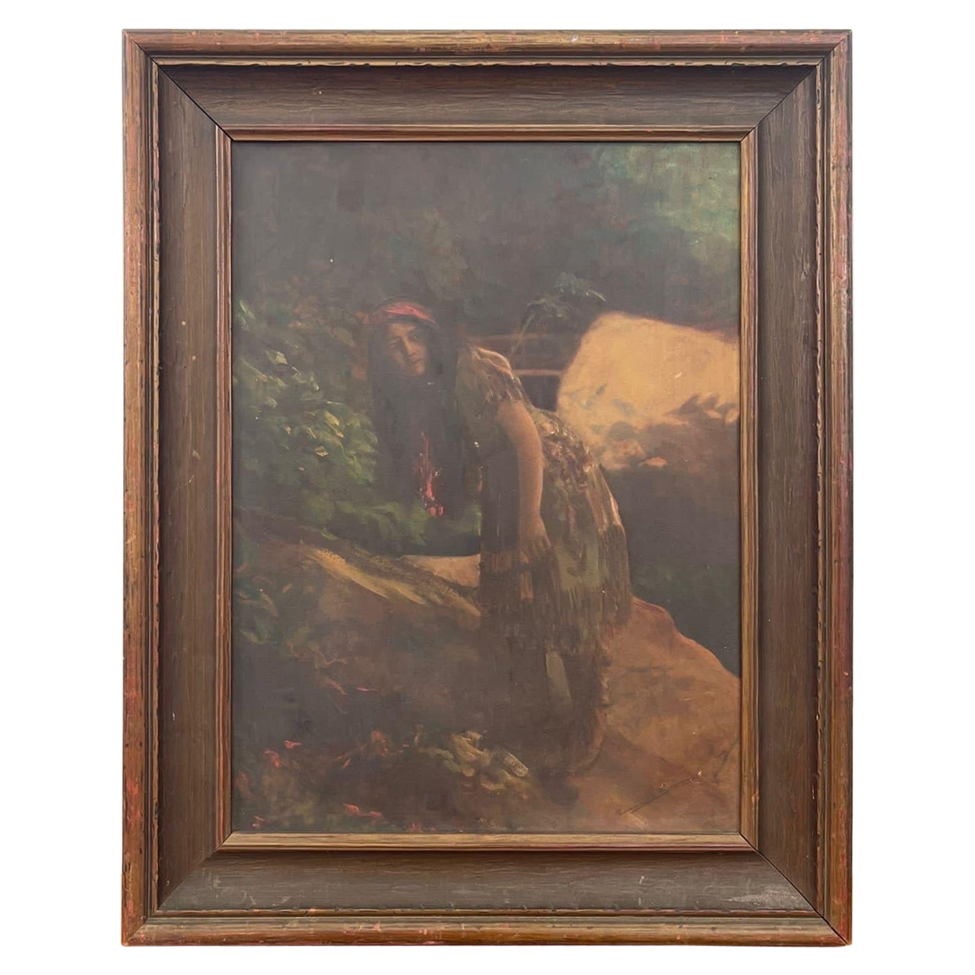Gerahmte Lithographie einer Frau im Vintage-Stil mit handbemalten Highlights.